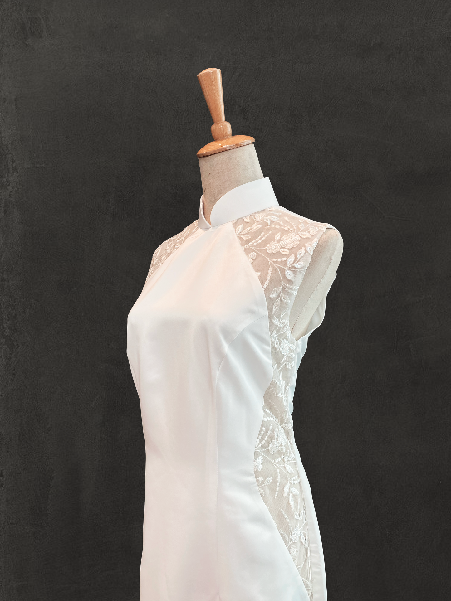 White Duchess Satin Cheongsam with Side Floral Mesh