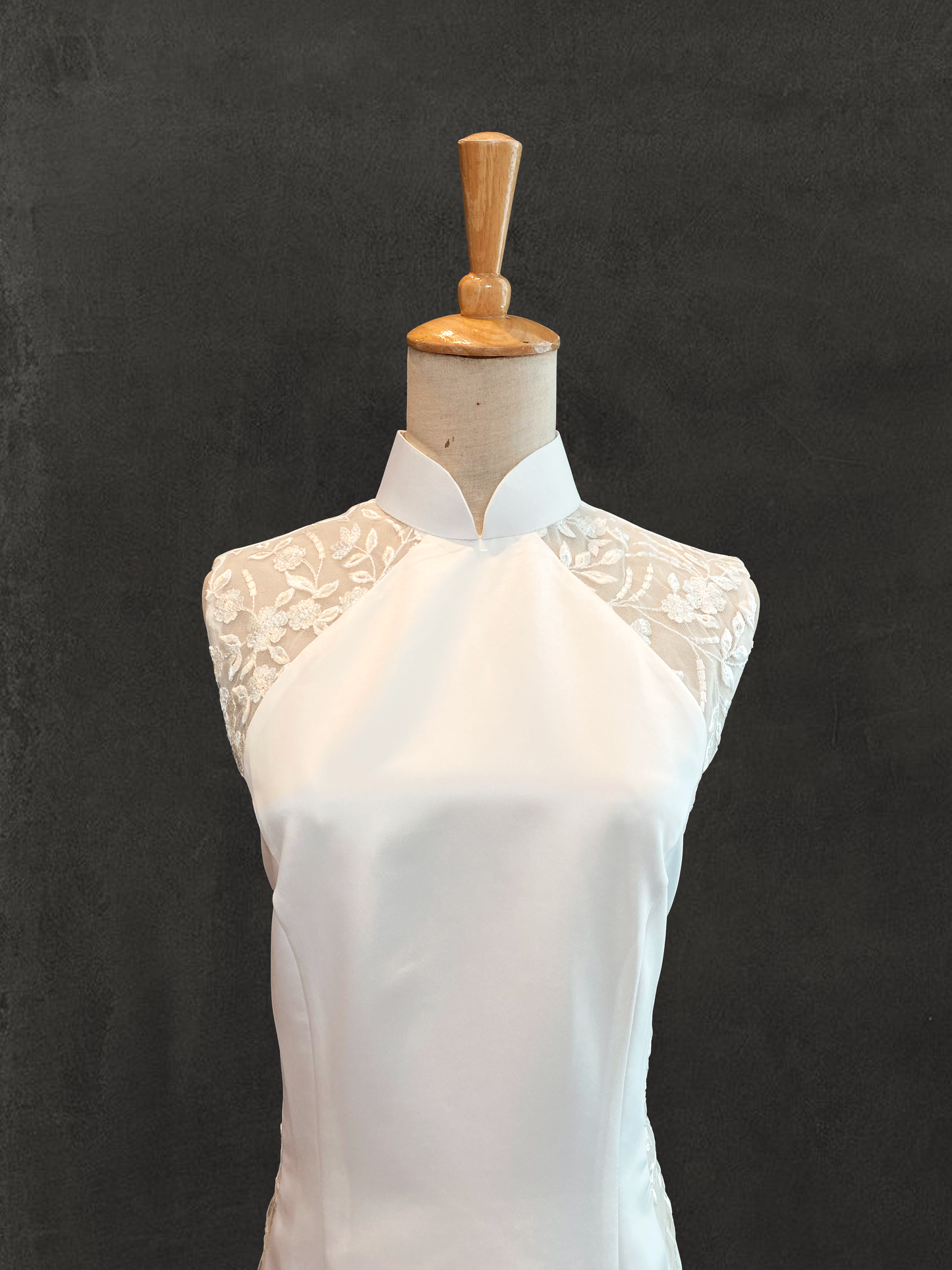 White Duchess Satin Cheongsam with Side Floral Mesh