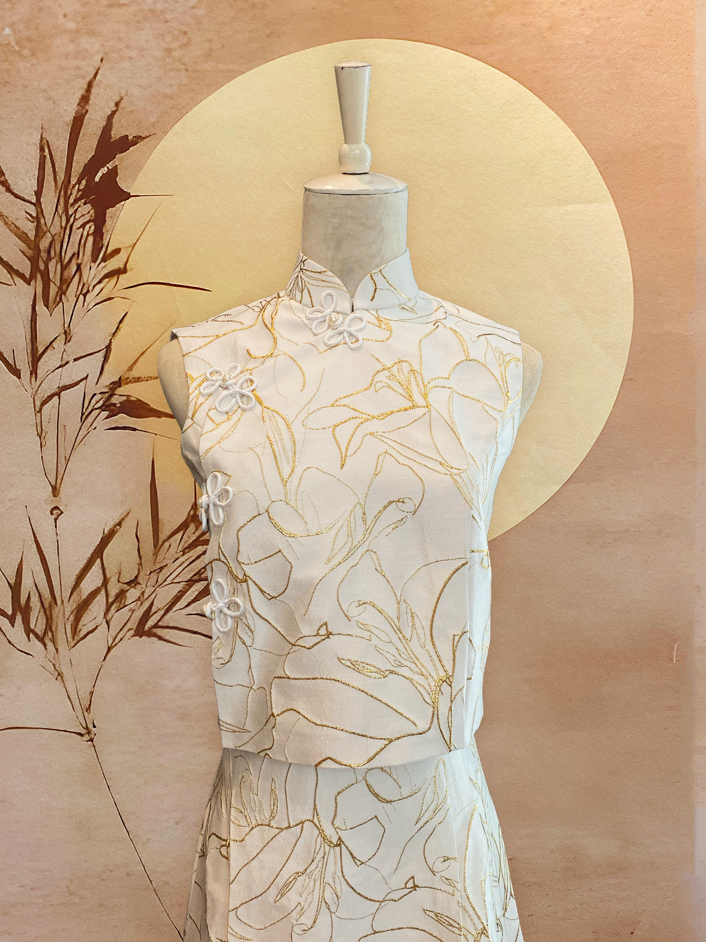 Two Piece Set Champagne and Gold Jacquard Cheongsam