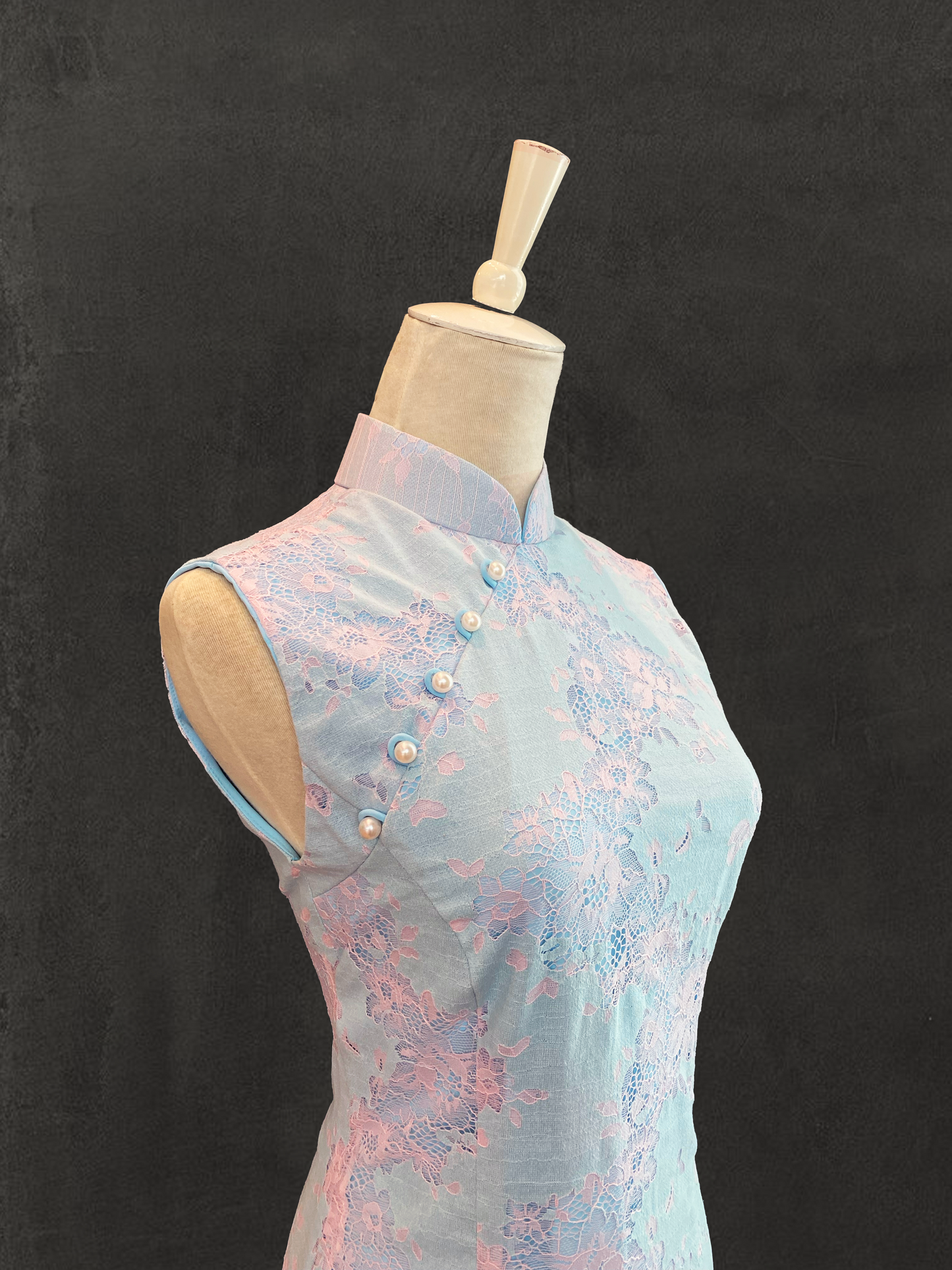 Baby Pink and Blue Lace Cheongsam with Pearl Beads