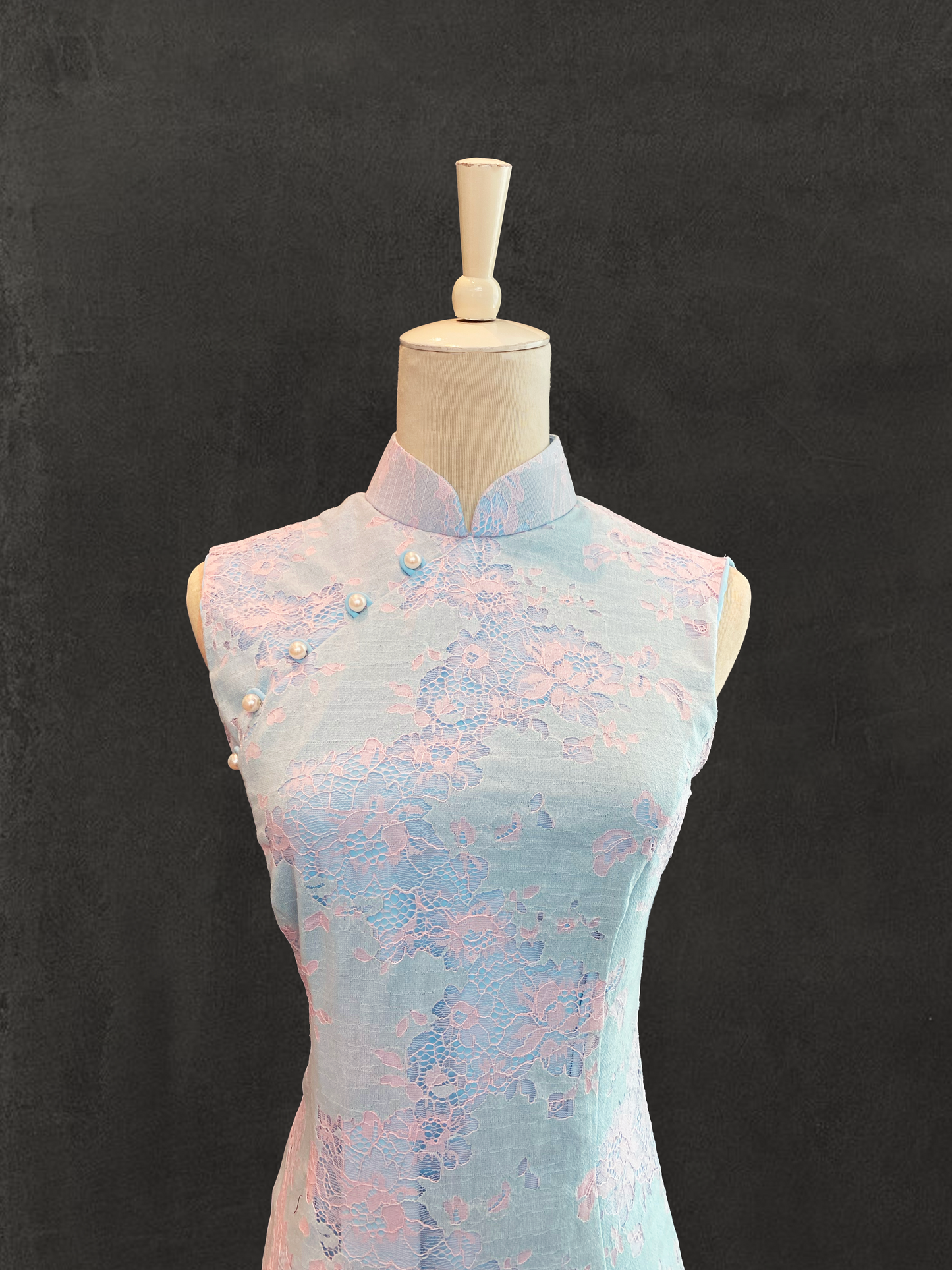 Baby Pink and Blue Lace Cheongsam with Pearl Beads