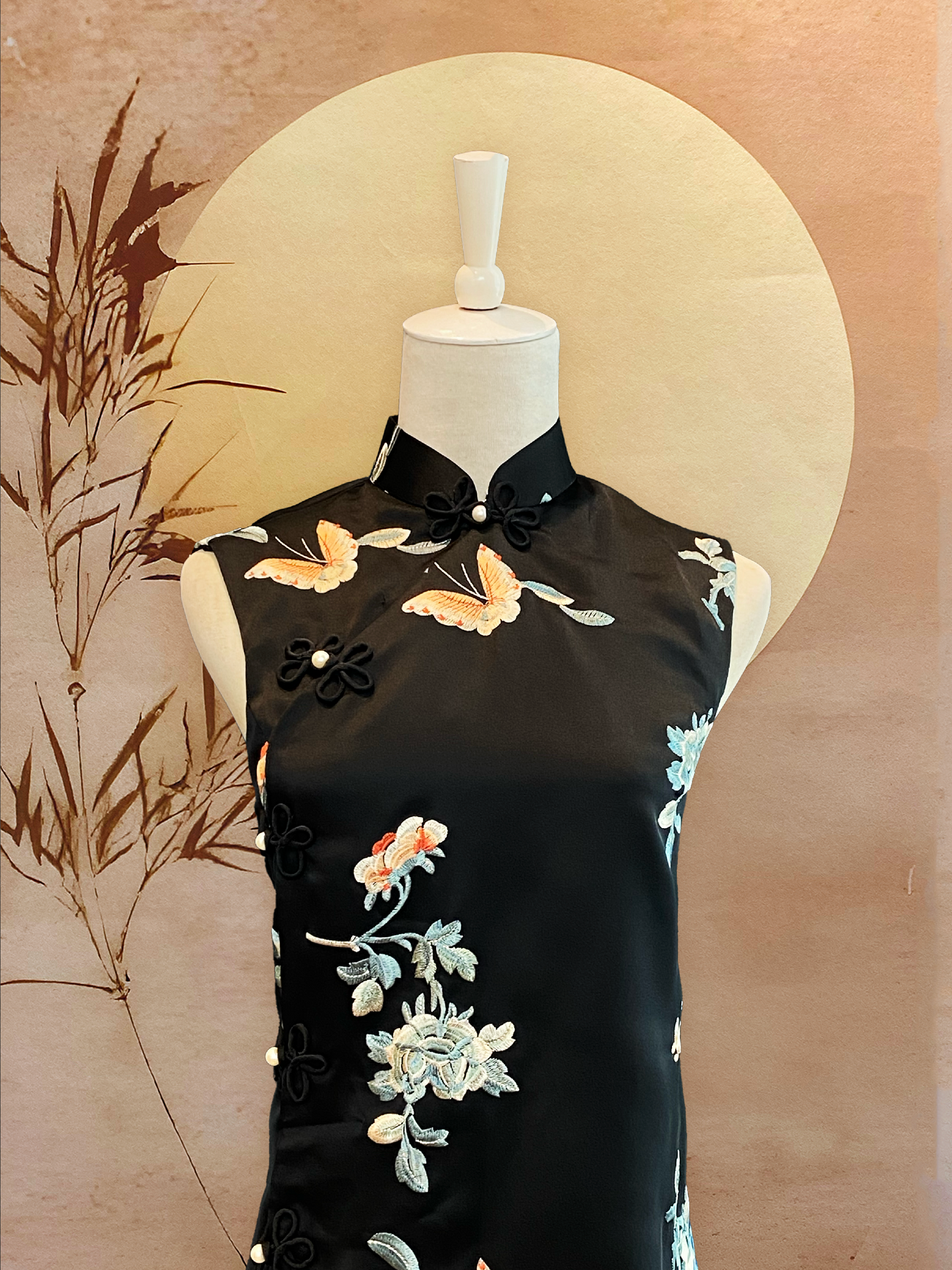 Black Satin Cheongsam Top with Embroidery and Pearl Buttons