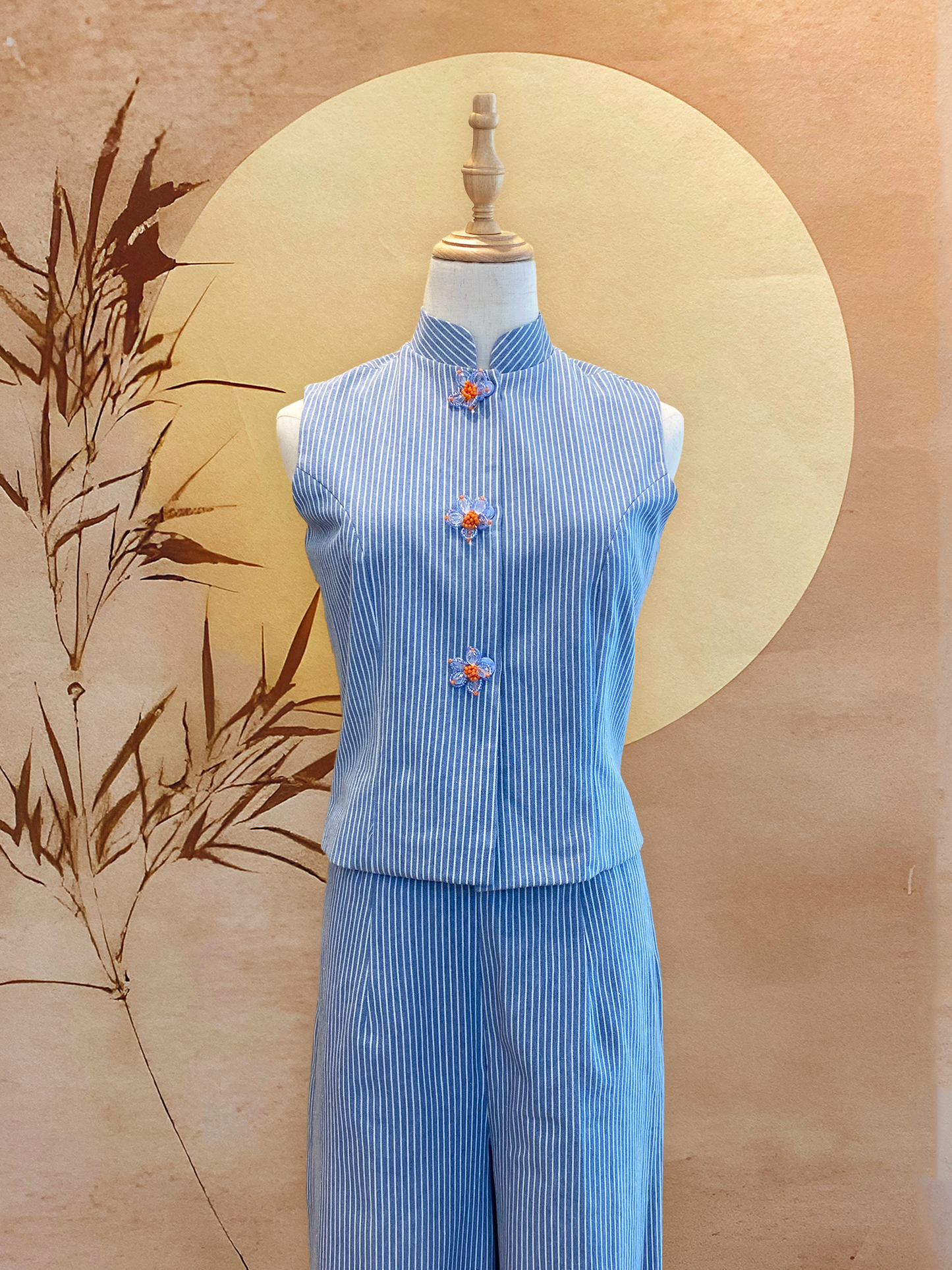 2pc Blue and White Striped Cotton Top and Pants with Floral Bead Buttons
