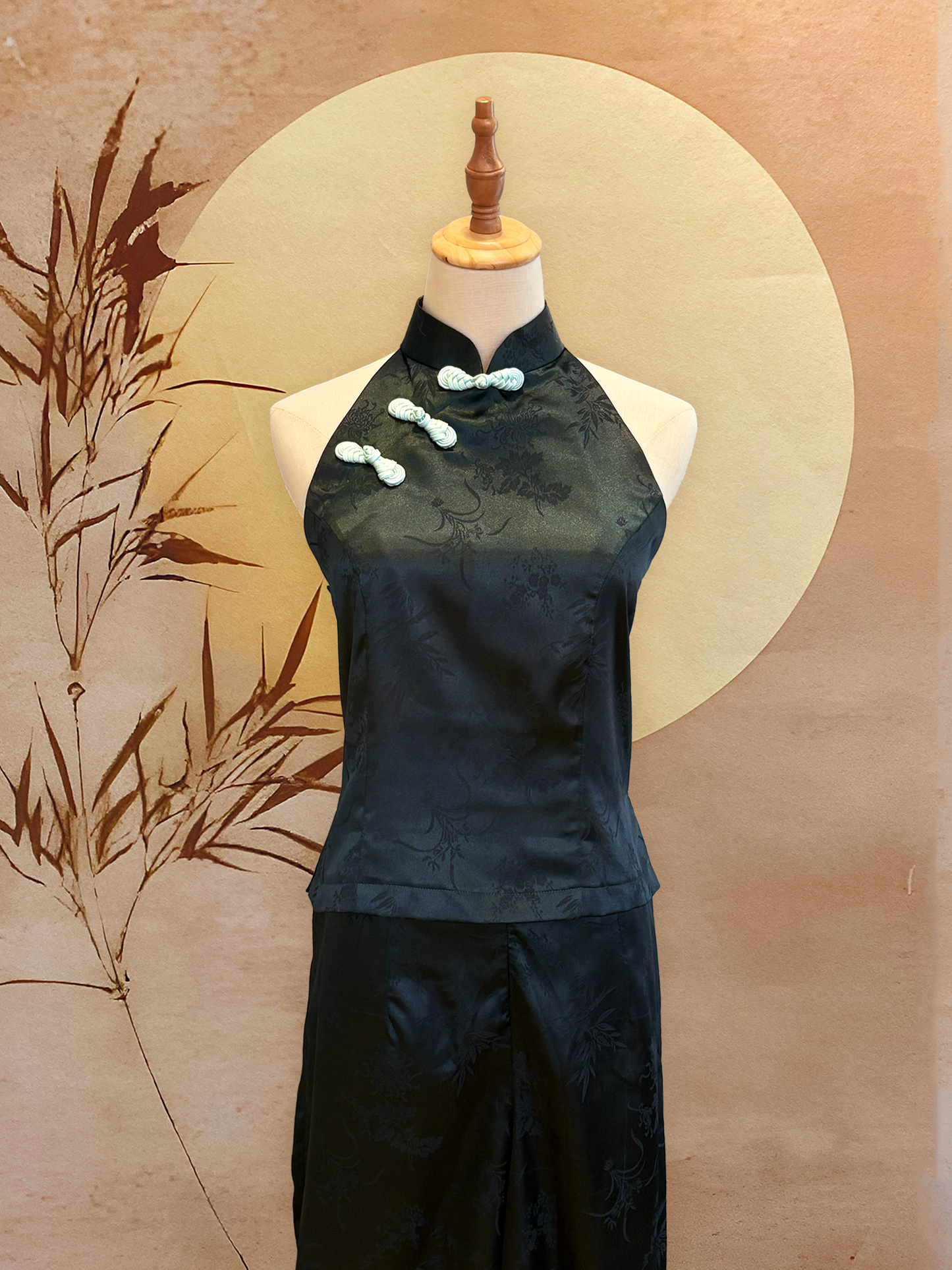 2pc Dark Green Chinese Silk Cheongsam Top and Pants