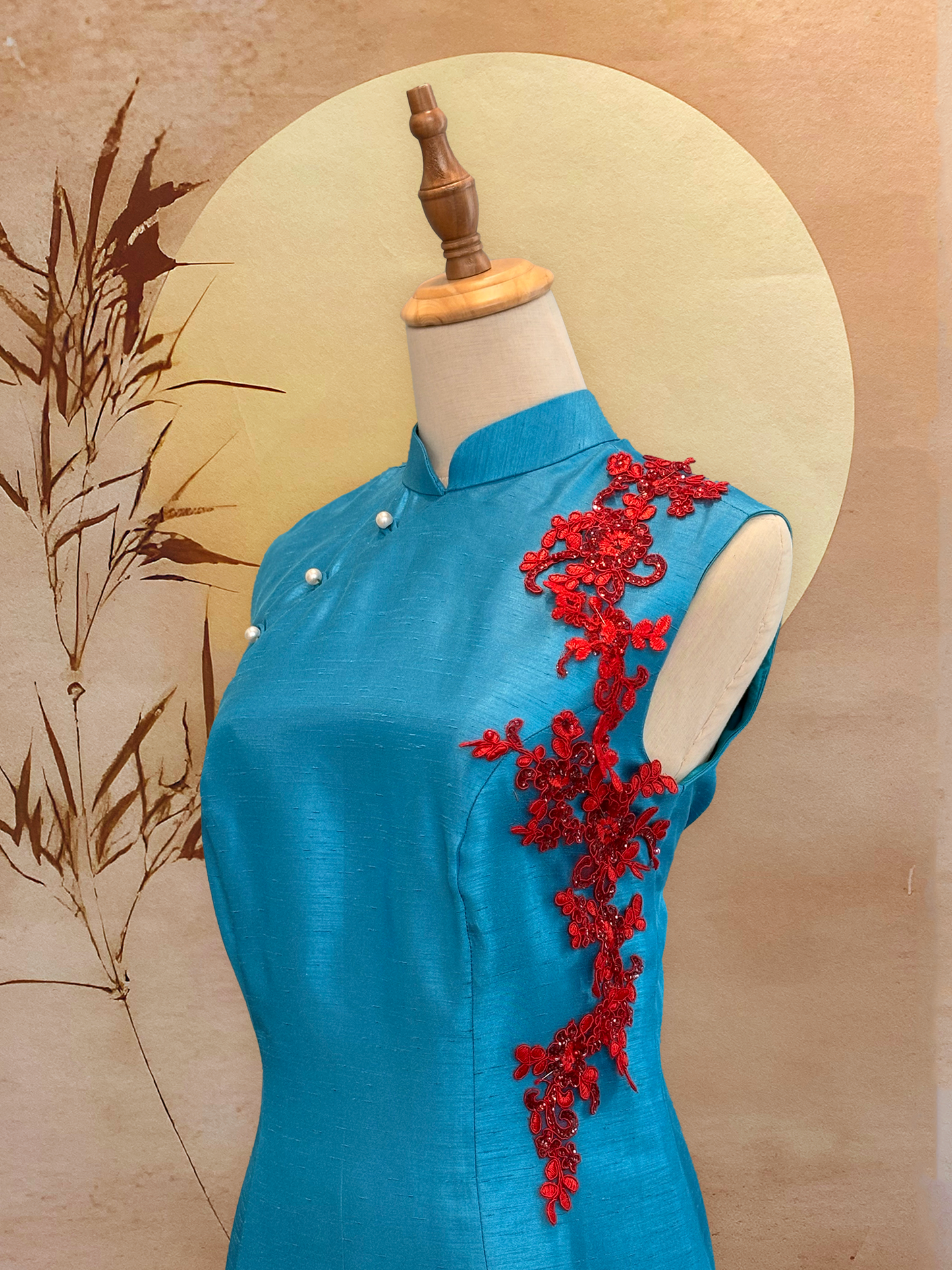 Cerulean Blue Thai Silk Cheongsam with Red Floral Applique