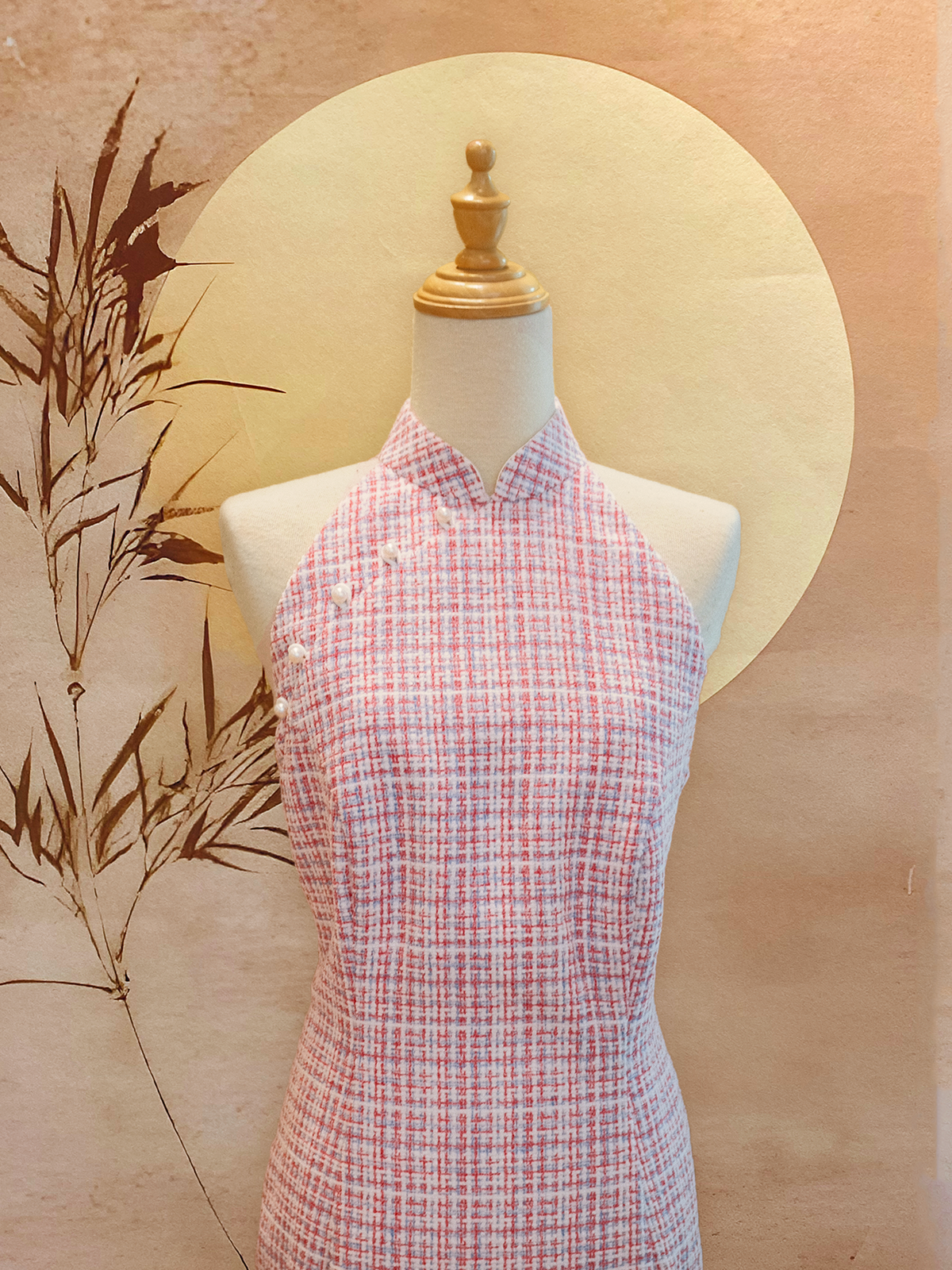 Red and White Tweed Cheongsam