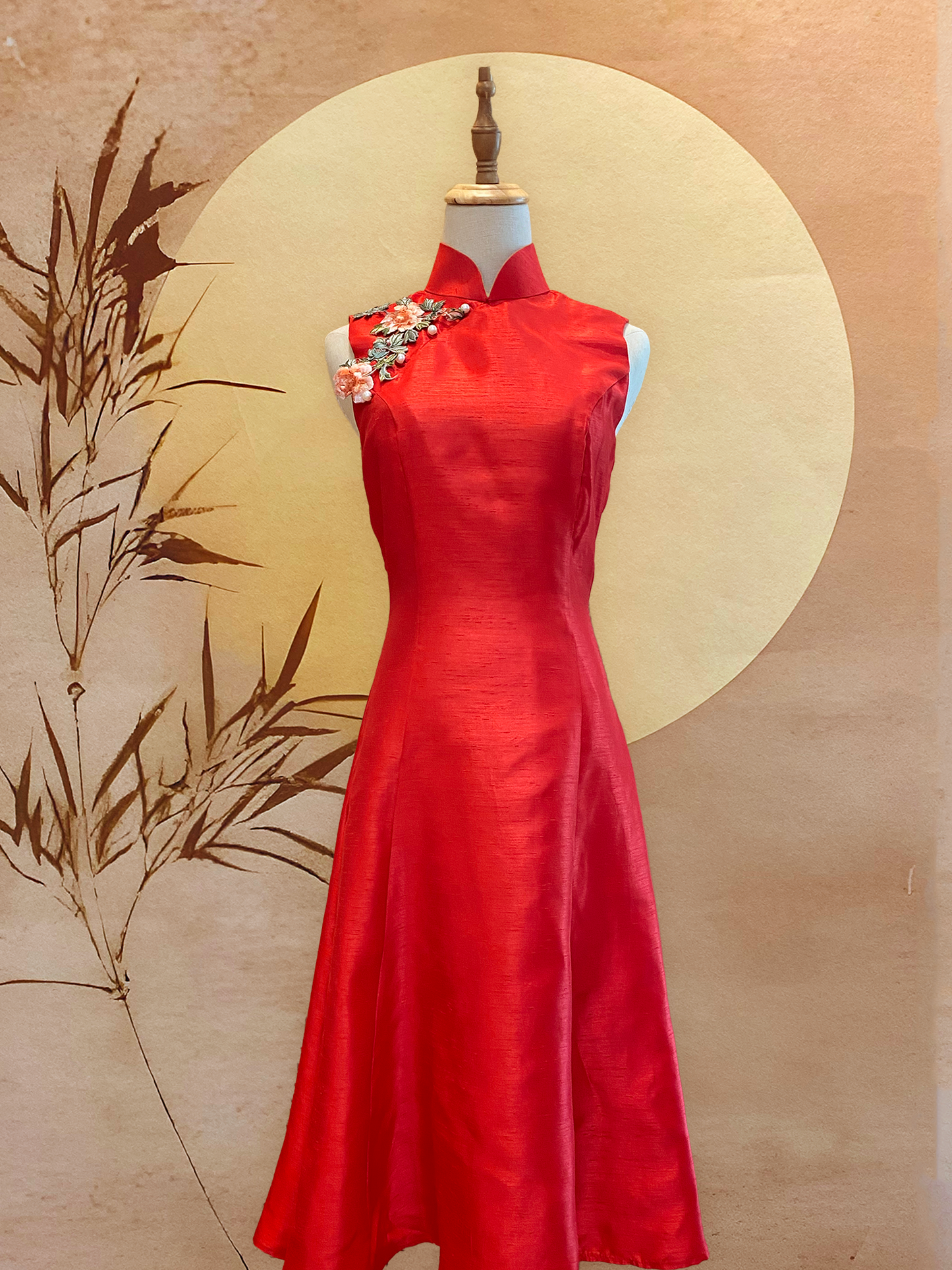 Red Thai Silk Flare Cheongsam with Floral Appliqué