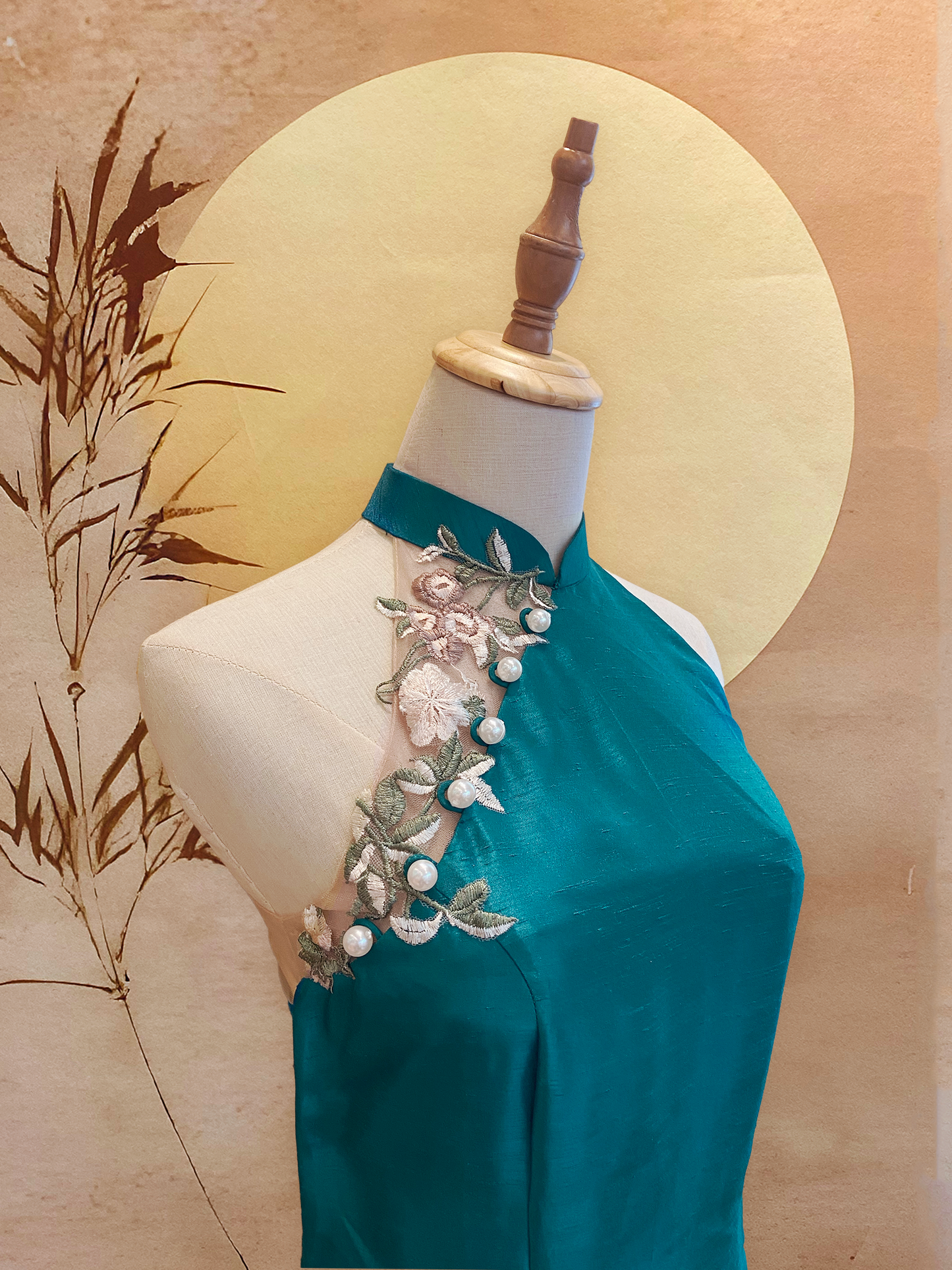 Turquoise Thai Silk Cheongsam with Skin Mesh and Floral Appliqué