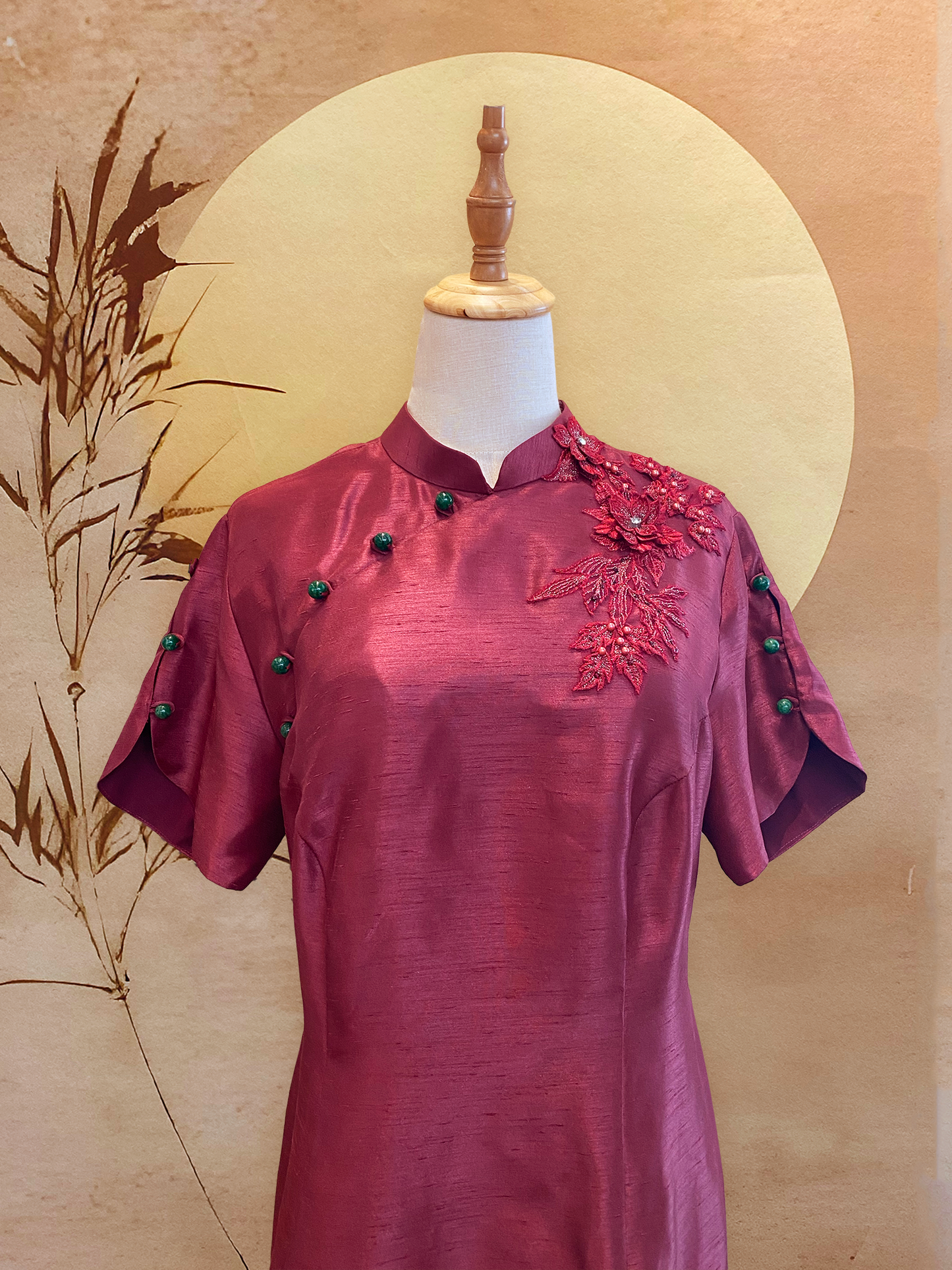 Wine Red Thai Silk Cheongsam with Jade Beads Petal Sleeve and Floral Appliqué