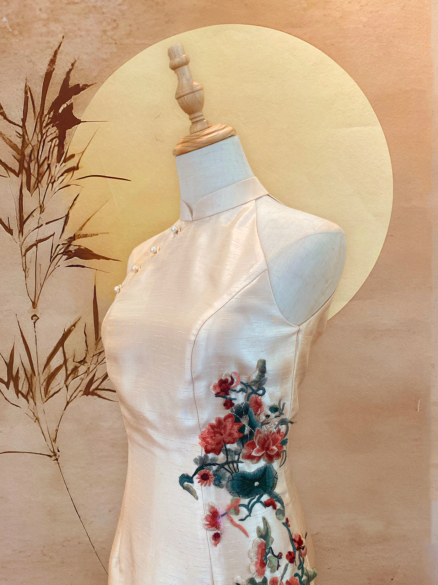 Champagne Thai Silk Cheongsam and Floral Appliqué