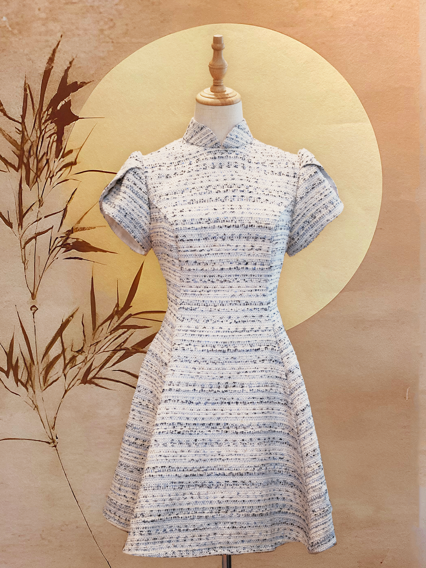 Black, White and Blue Tweed Flare Cheongsam with Sleeves