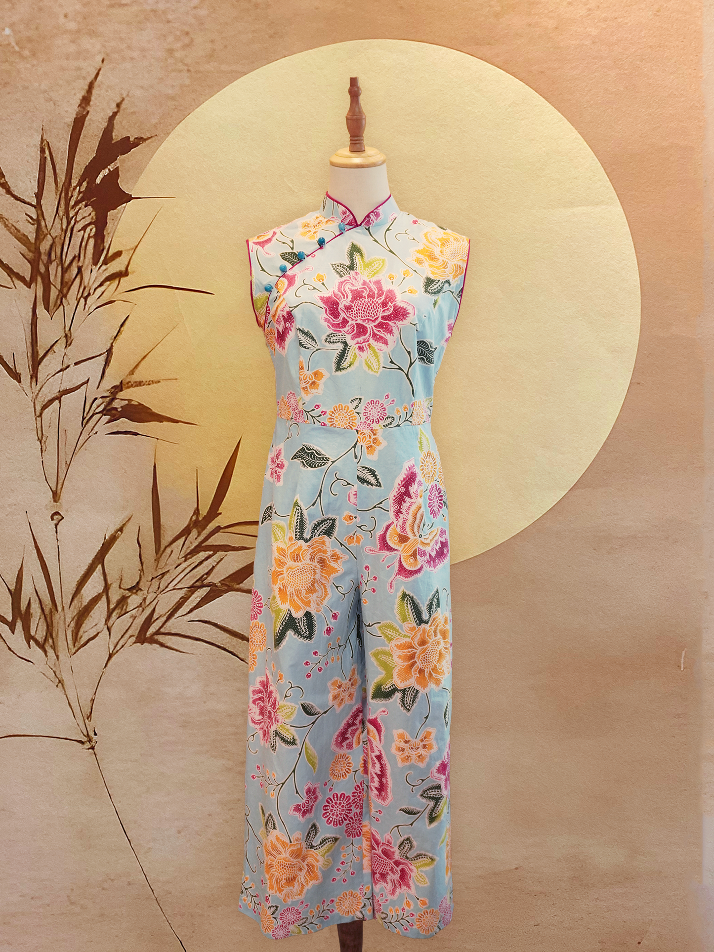 Floral Print Cotton Cheongsam Jumpsuit with Raspberry Piping