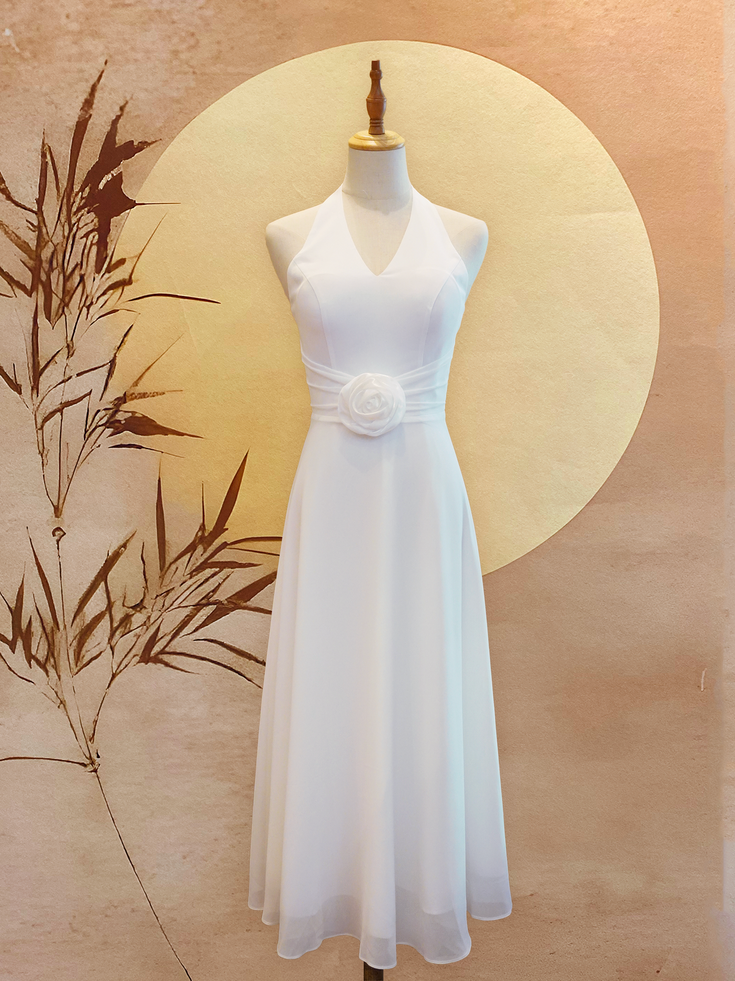 White Chiffon Dress with Organza Rose Waist
