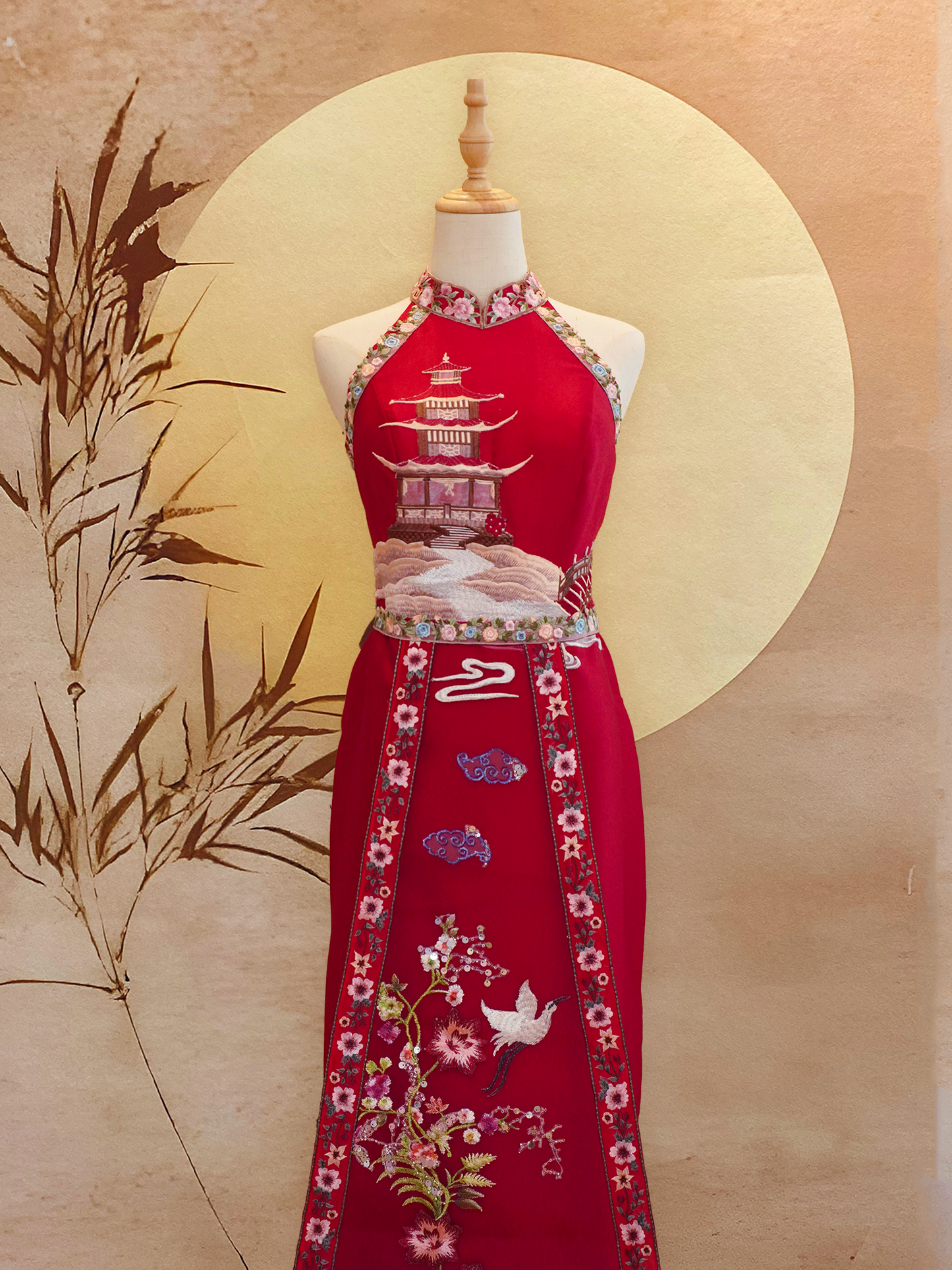 Red Sangjit-Style Dress with Oriental Embroidery