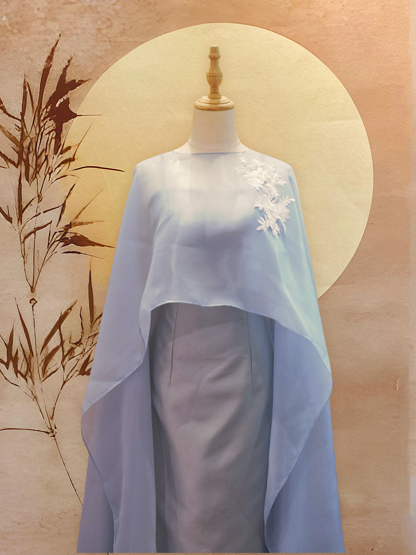 Silver Thai Silk Cheongsam with Light Blue Organza Cape