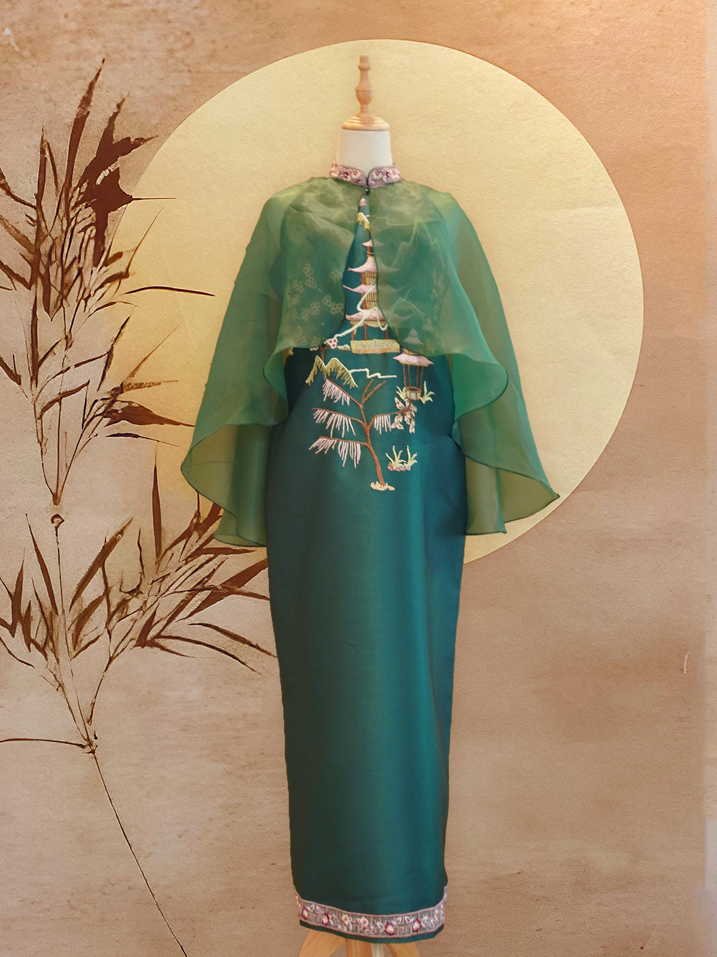 Teal Green Sangjit-Style Dress with Forest Green Organza Cape