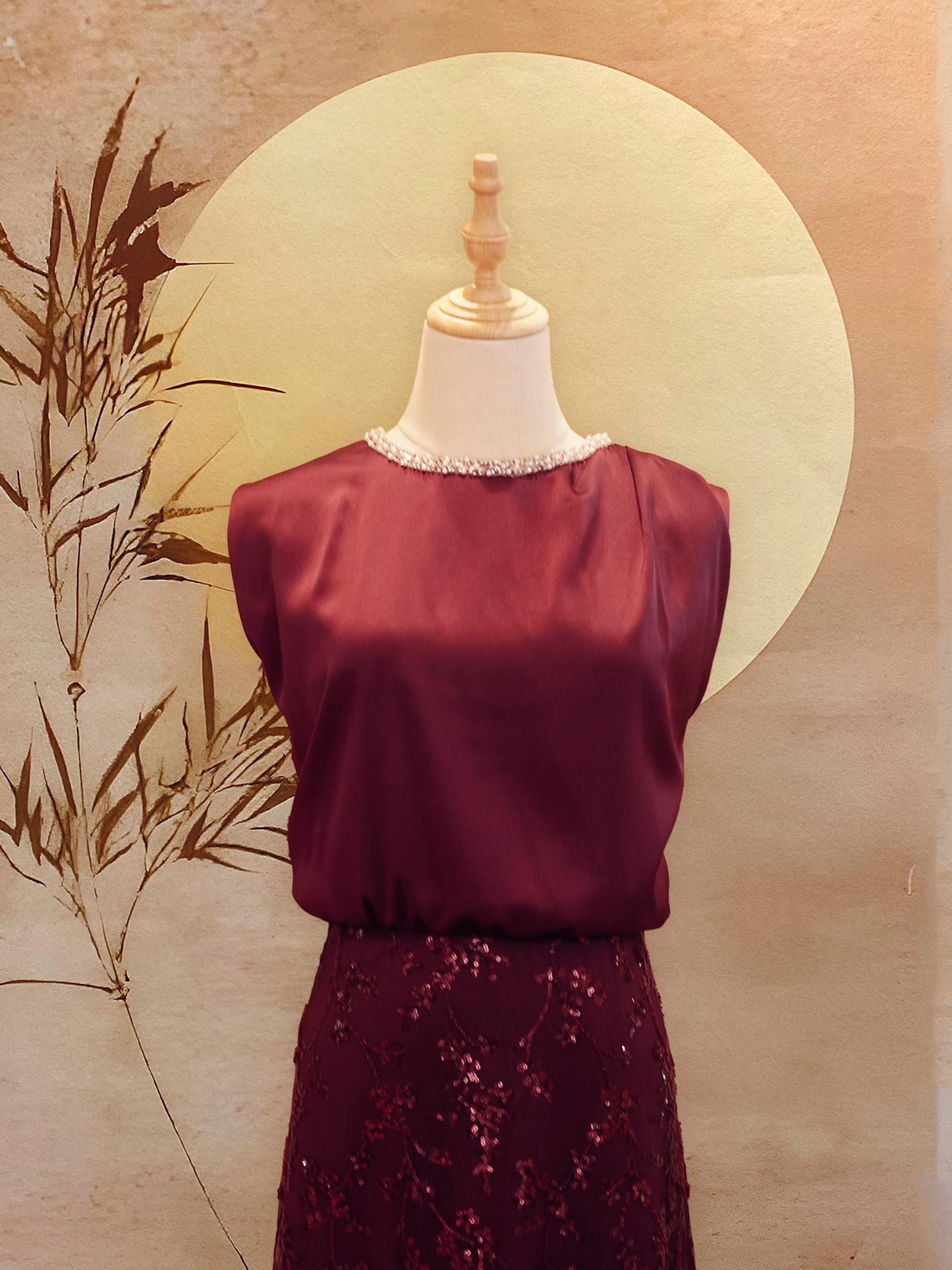 Wine Red Beaded Dress with Jewelled Neckline