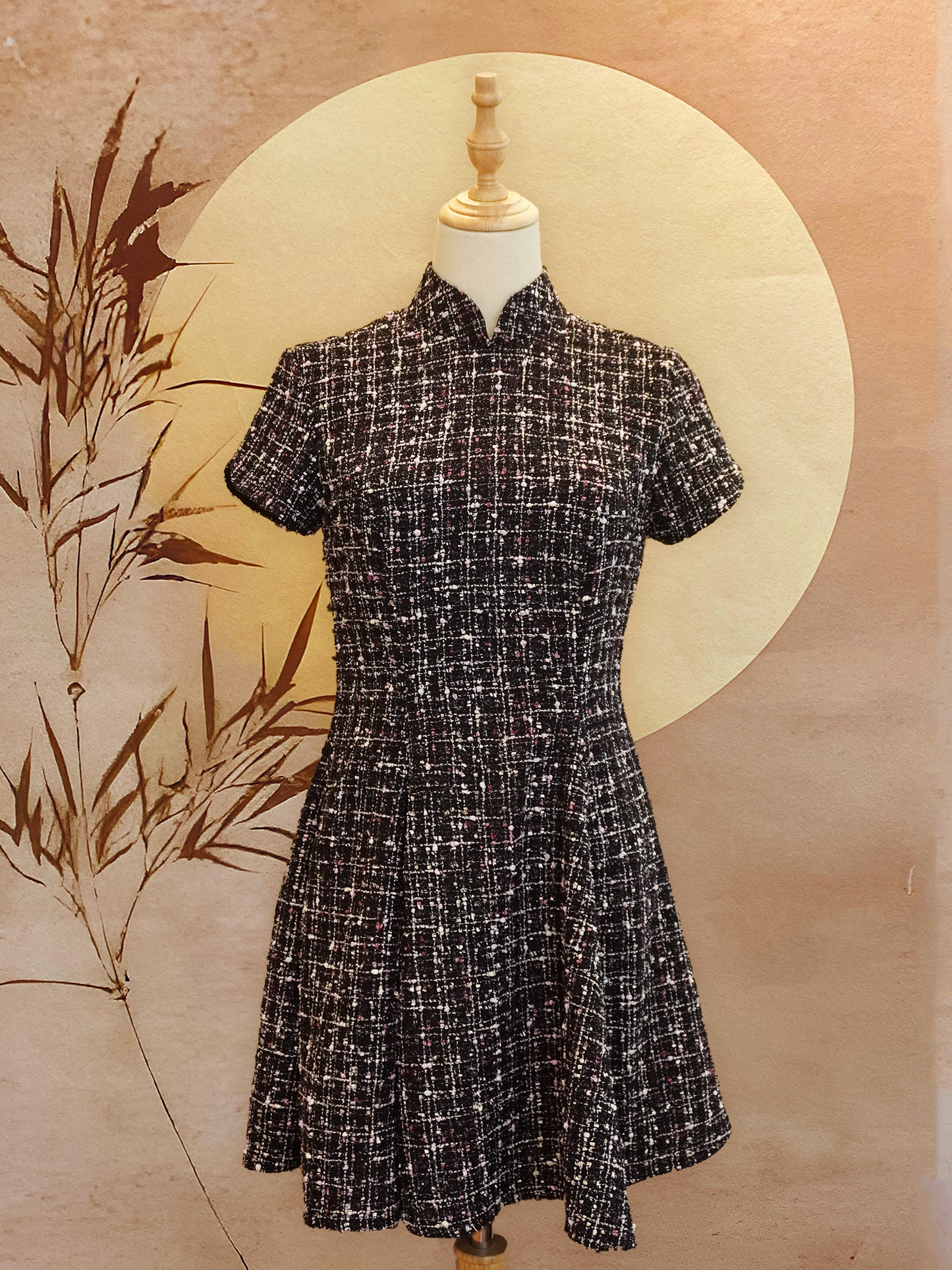 Black, White and Pink Tweed Flare Cheongsam