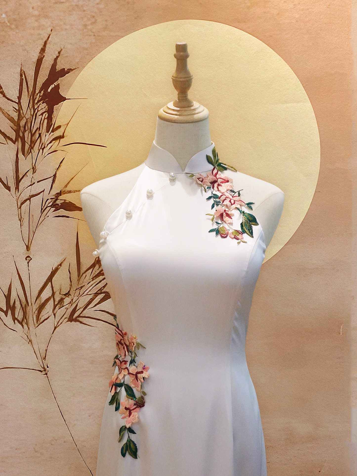 White Duchess Satin Cheongsam with Floral Appliqué