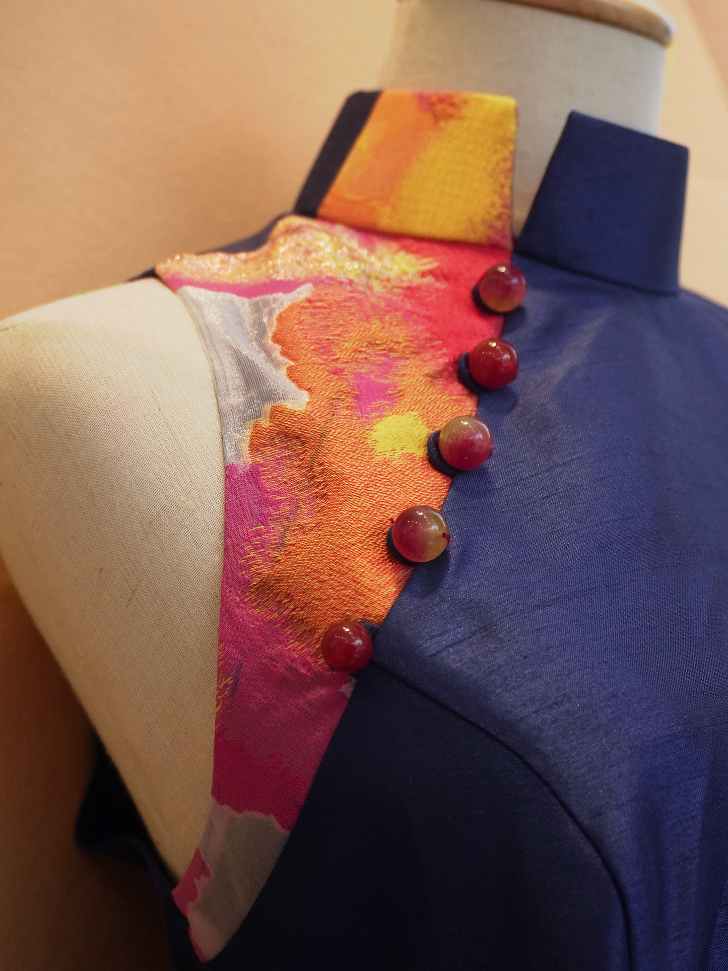 Midnight Thai Silk Cheongsam with Jacquard Blocking