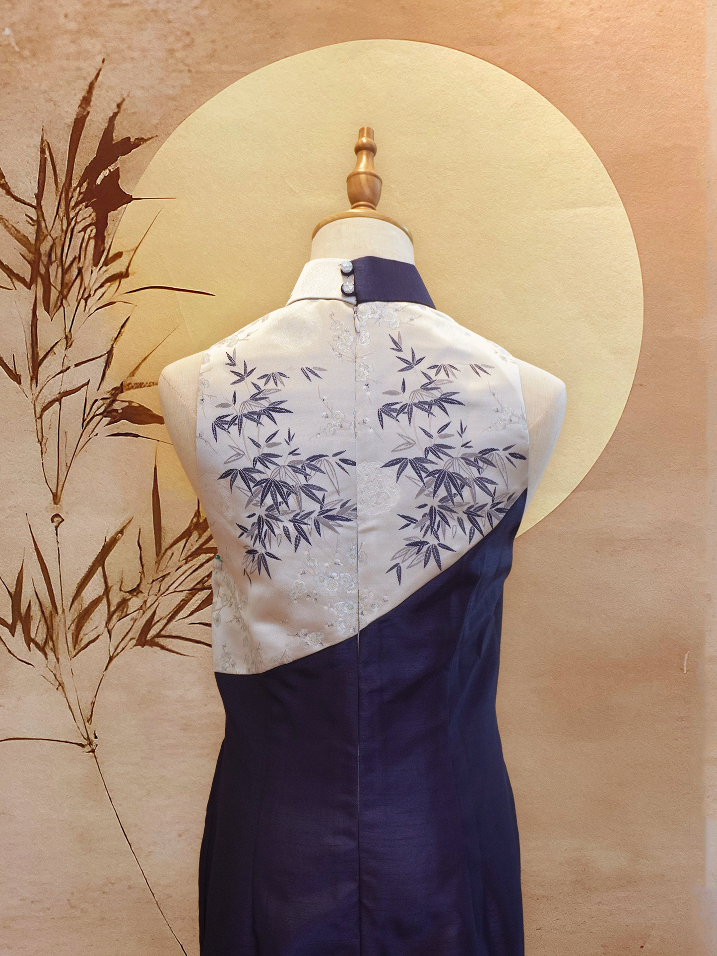Midnight Thai Silk Cheongsam with Silver and Blue Jacquard Blocking