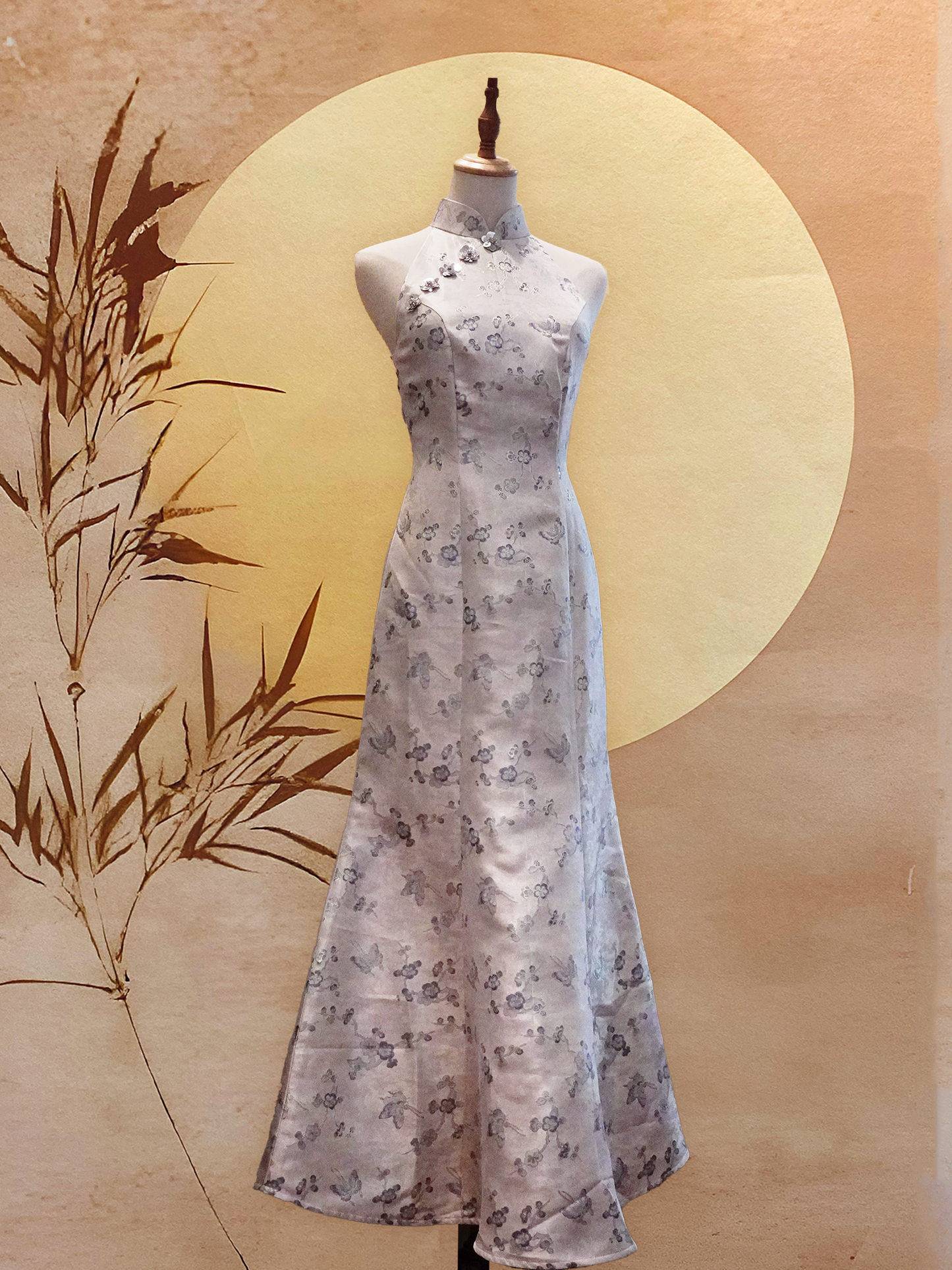 Silver-Blue Cherry Blossom Jacquard Mermaid-cut Cheongsam with Flower Beads
