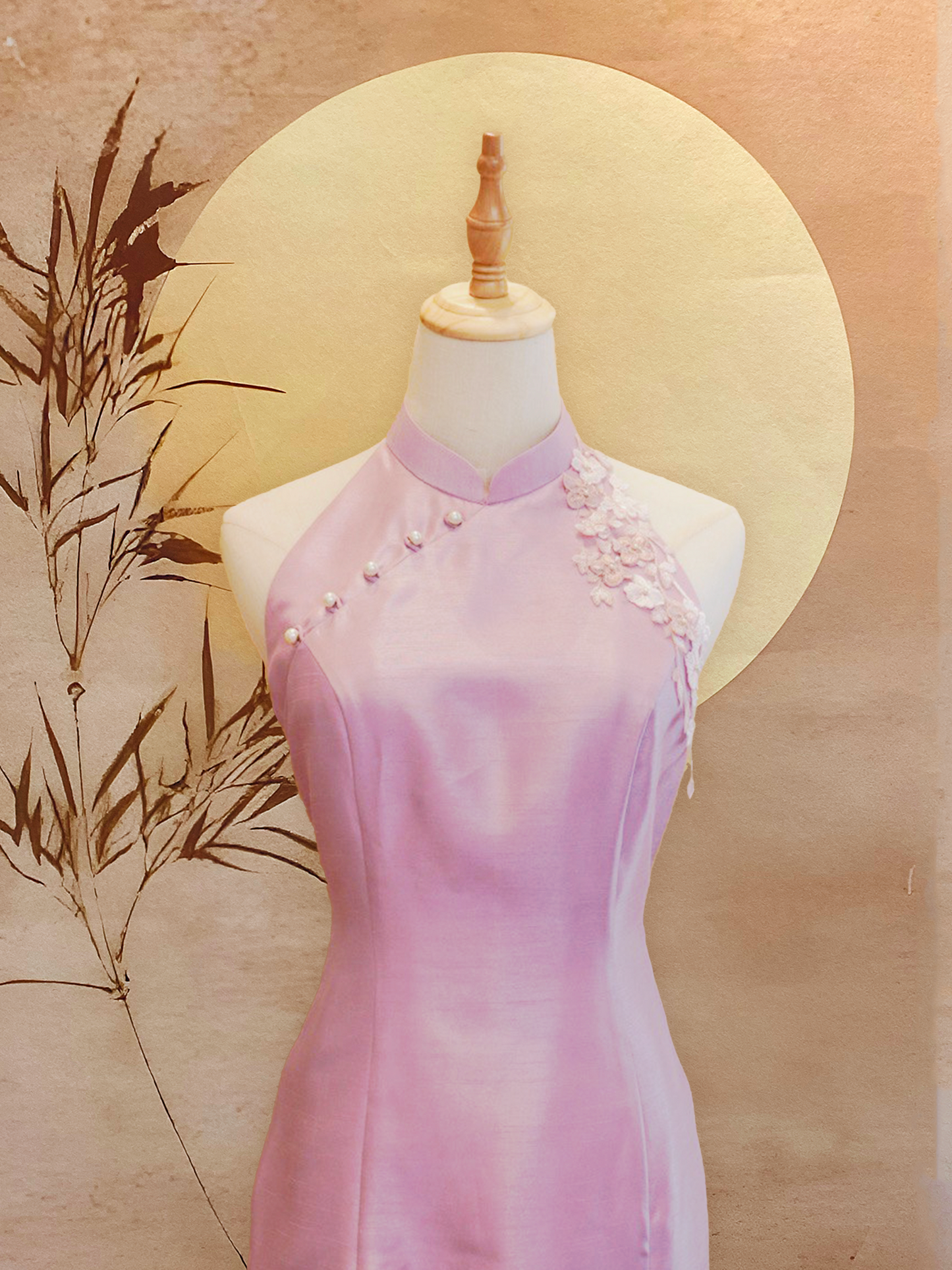 Baby Pink Thai Silk Cheongsam with Cherry Blossom Appliqué