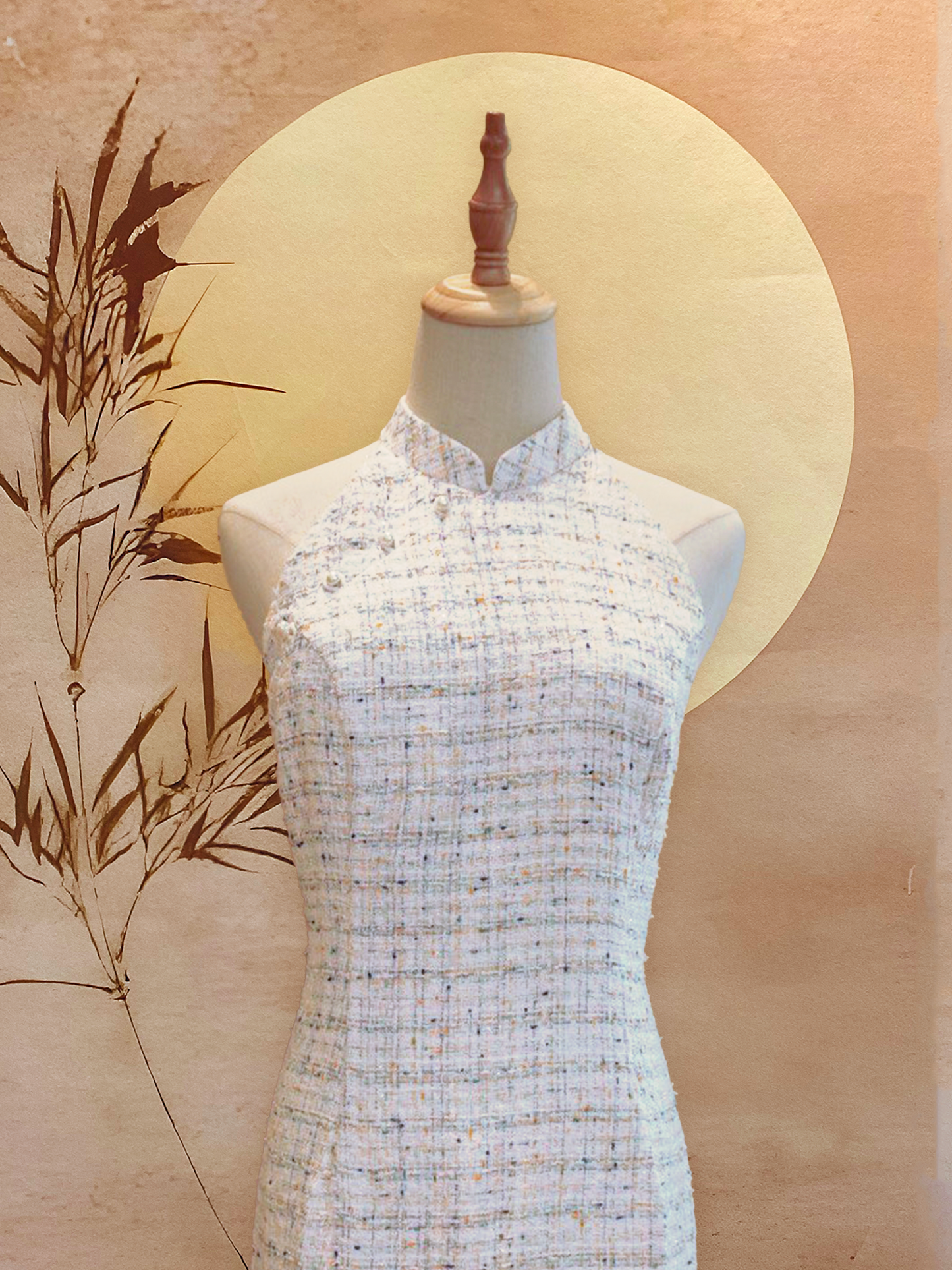 White Tweed Halter-cut Cheongsam