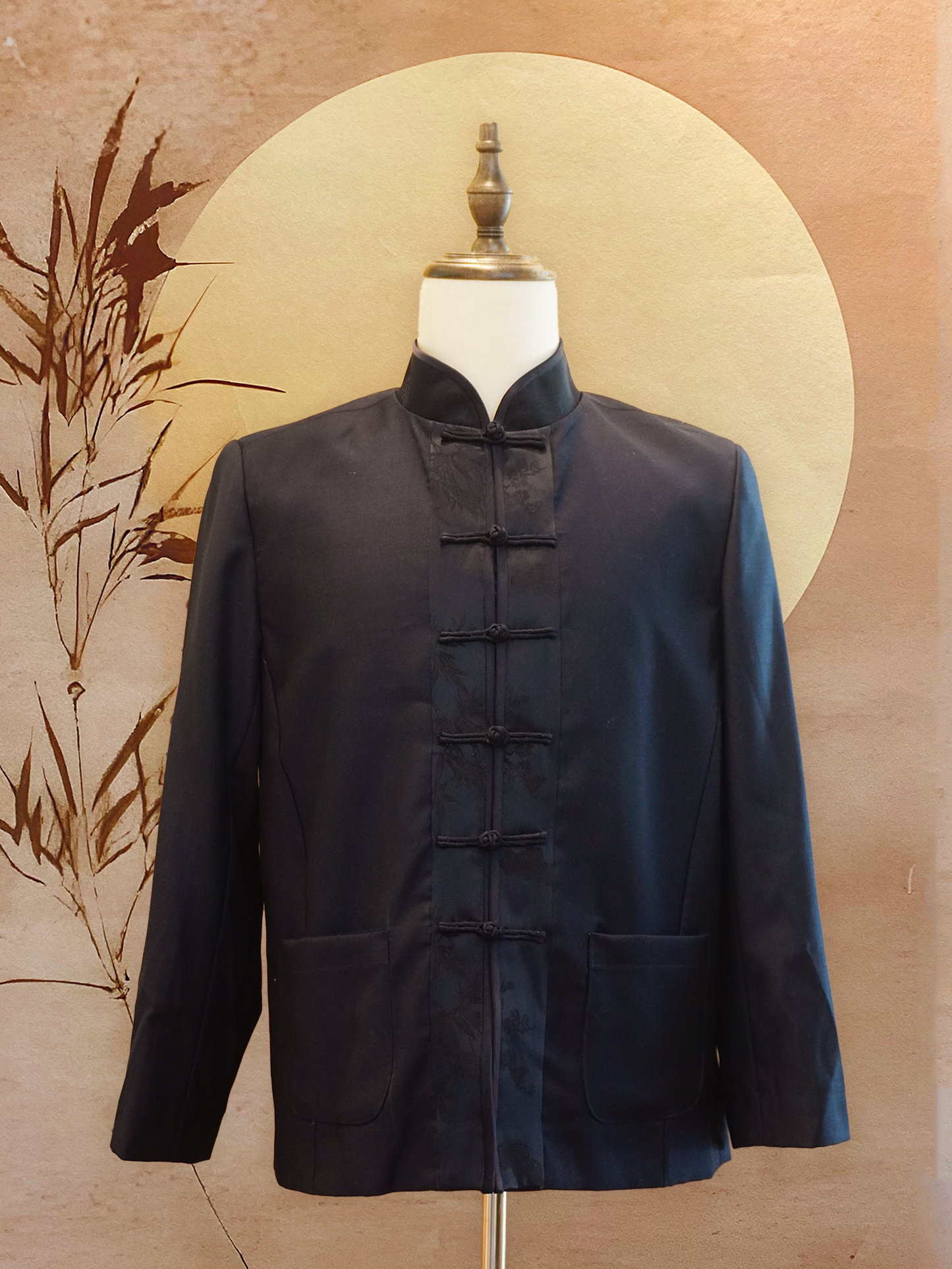 Black Wool Tang Shirt with Pockets and Chinese Silk Placket