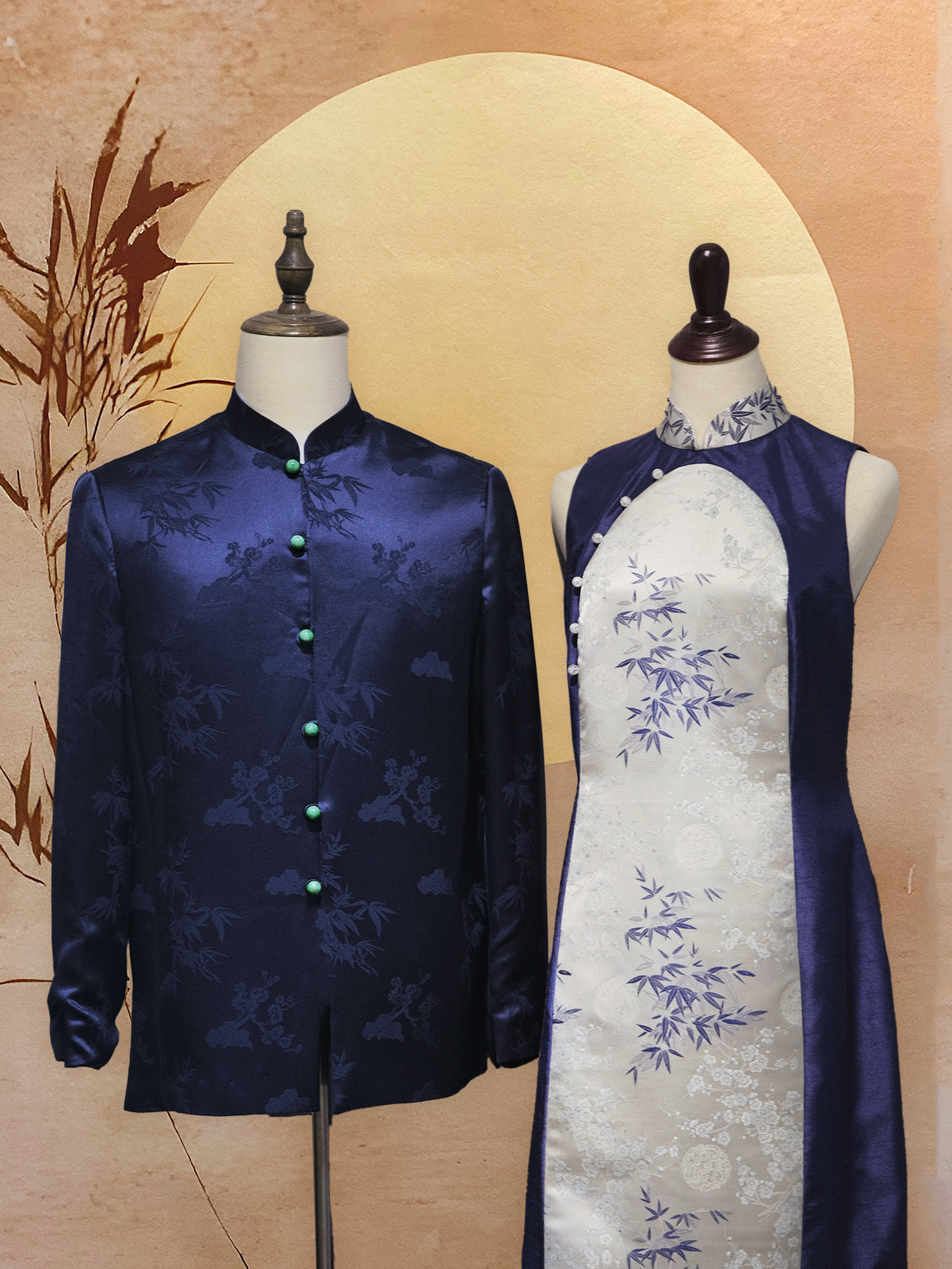 Midnight Blue Thai Silk with Silver Jacquard Cheongsam and Midnight Chinese Silk Tang Shirt Couple Set