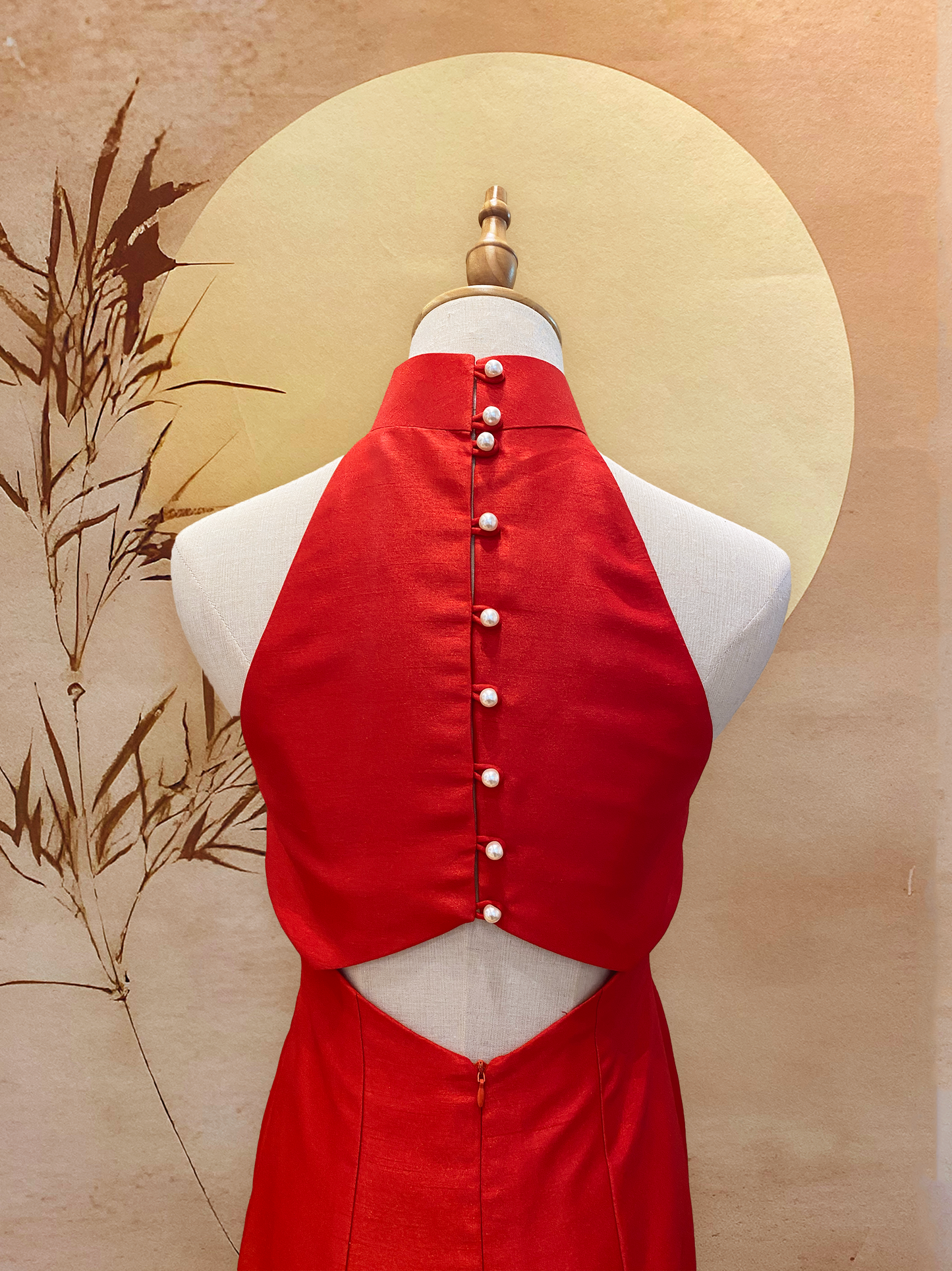 Red Thai Silk Cheongsam with Floral Appliqué