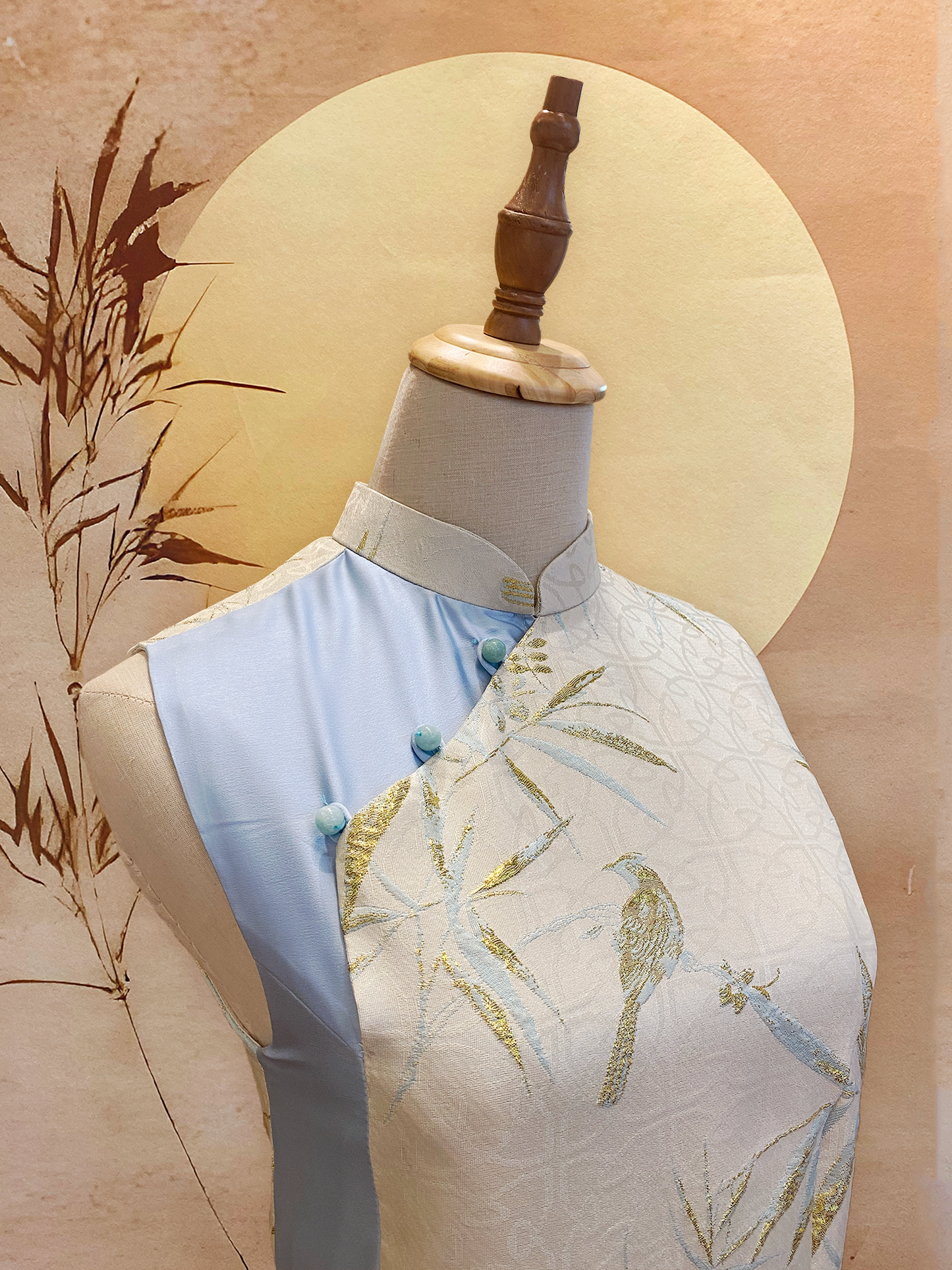 White Nature Jacquard Cheongsam with Blue Satin Side