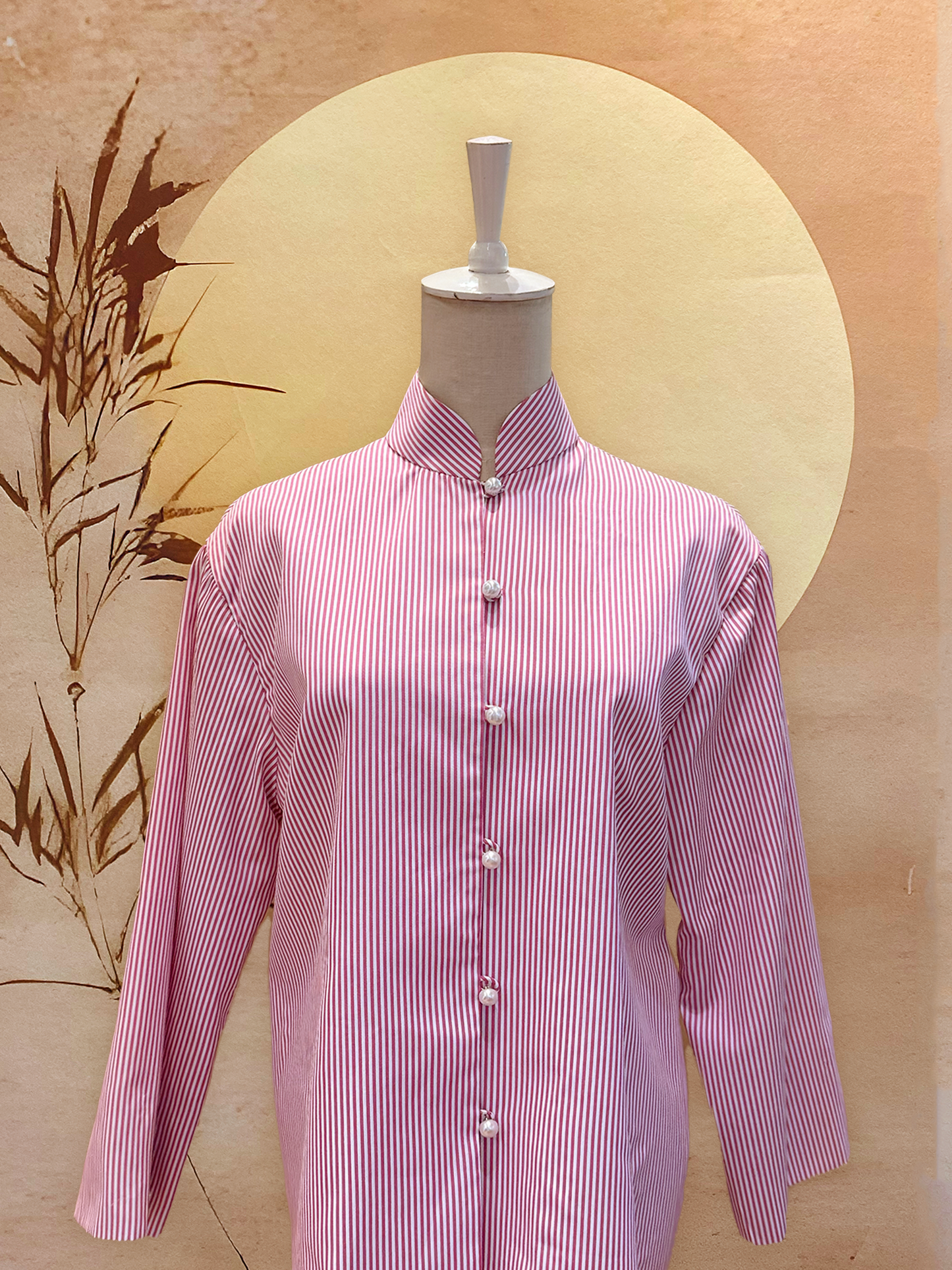 Pink and White Striped Women's Shirt with Pearl Beads