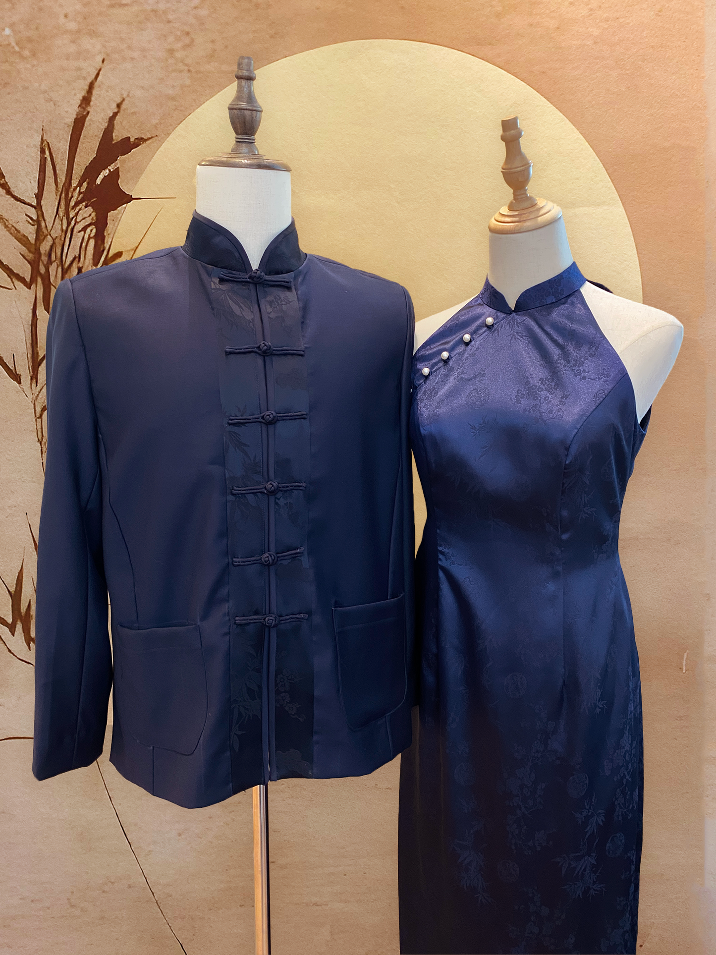 Couple Set Chinese Silk Cheongsam and Wool Tang Shirt with Chinese Silk Placket