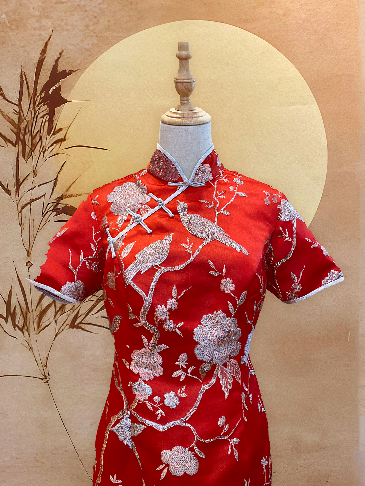 Red Jacquard Cheongsam with Silver Trimming