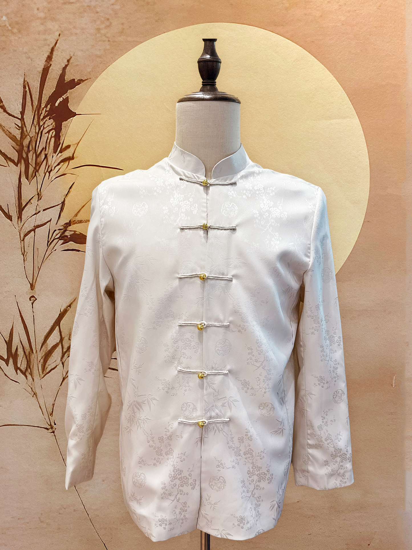 White Chinese Silk Tang Shirt with Frog Buttons and Gold Beads