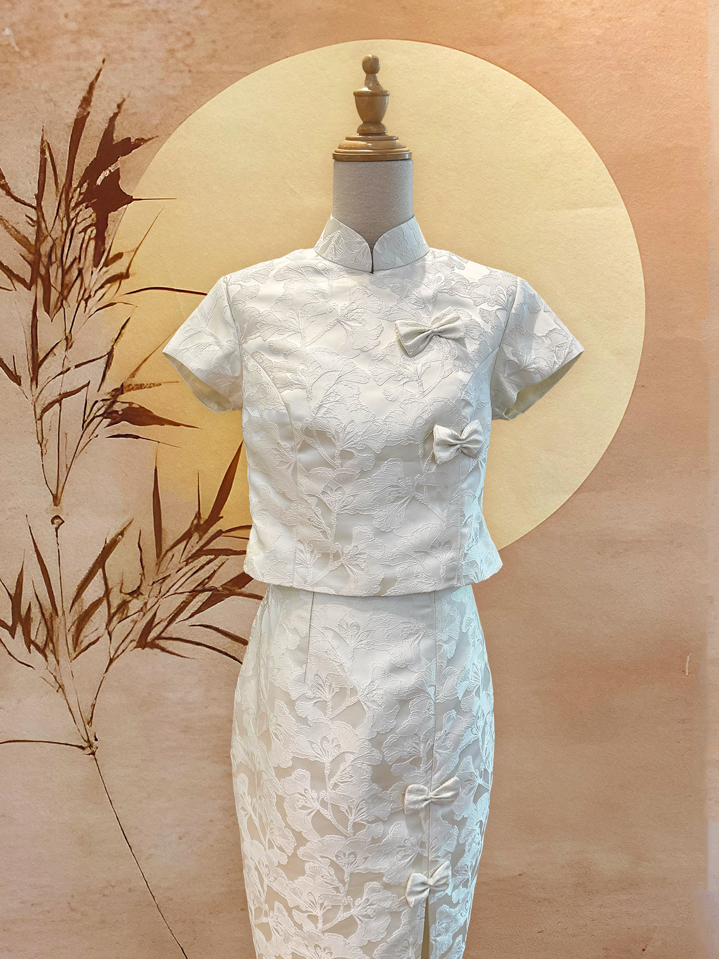 2pc White Floral Jacquard Cheongsam Top and Skirt with White Bows