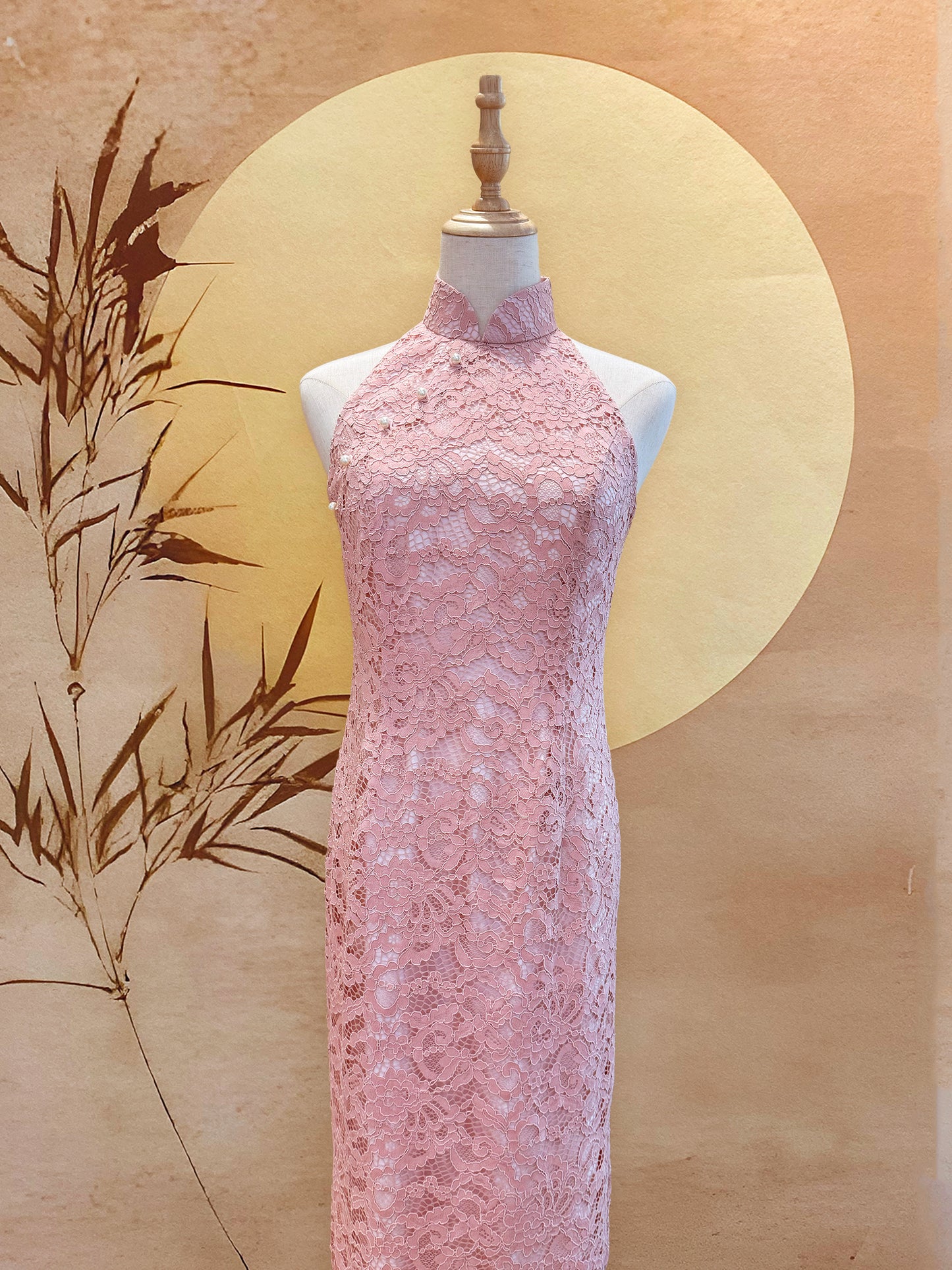 Pink Lace Cheongsam with Baby Pink Lining and Back Peephole