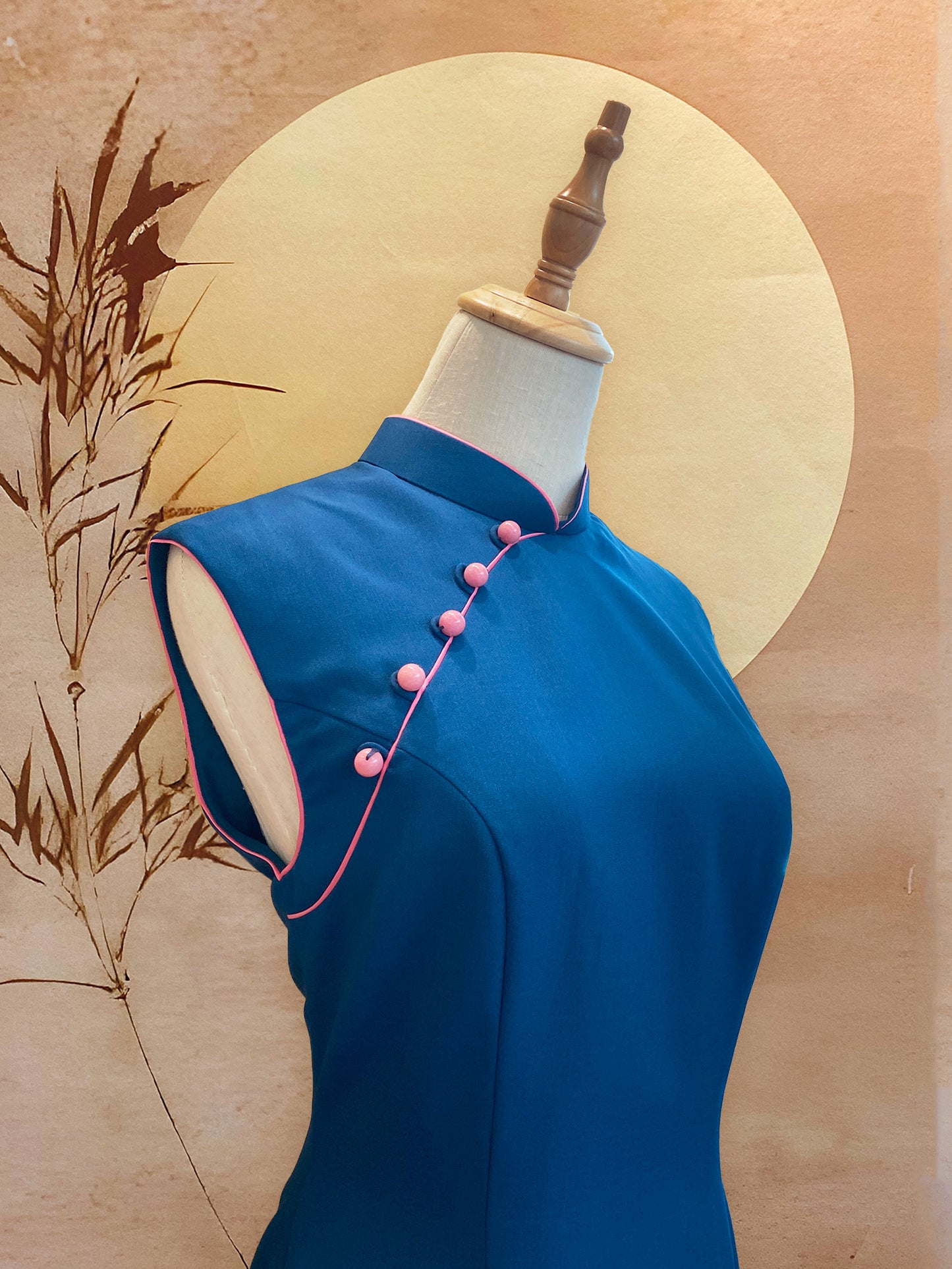 Blue Cotton Cheongsam with Front Slit, Pink Trimming and Beads