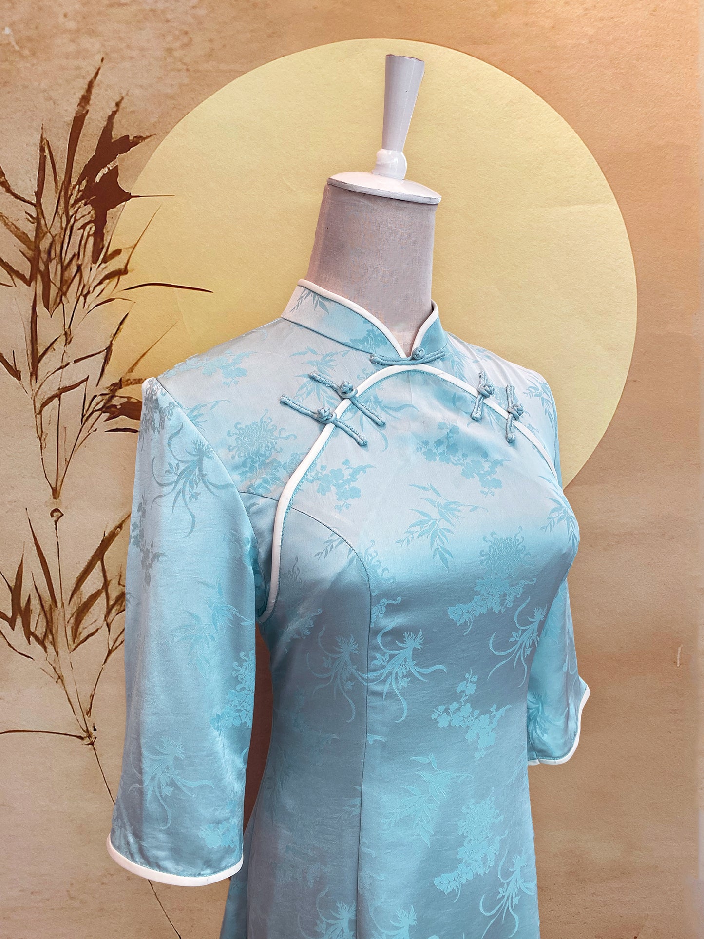 Light Blue Chinese Silk Cheongsam with Sleeves, Blue Frog Knots and Cream Triming