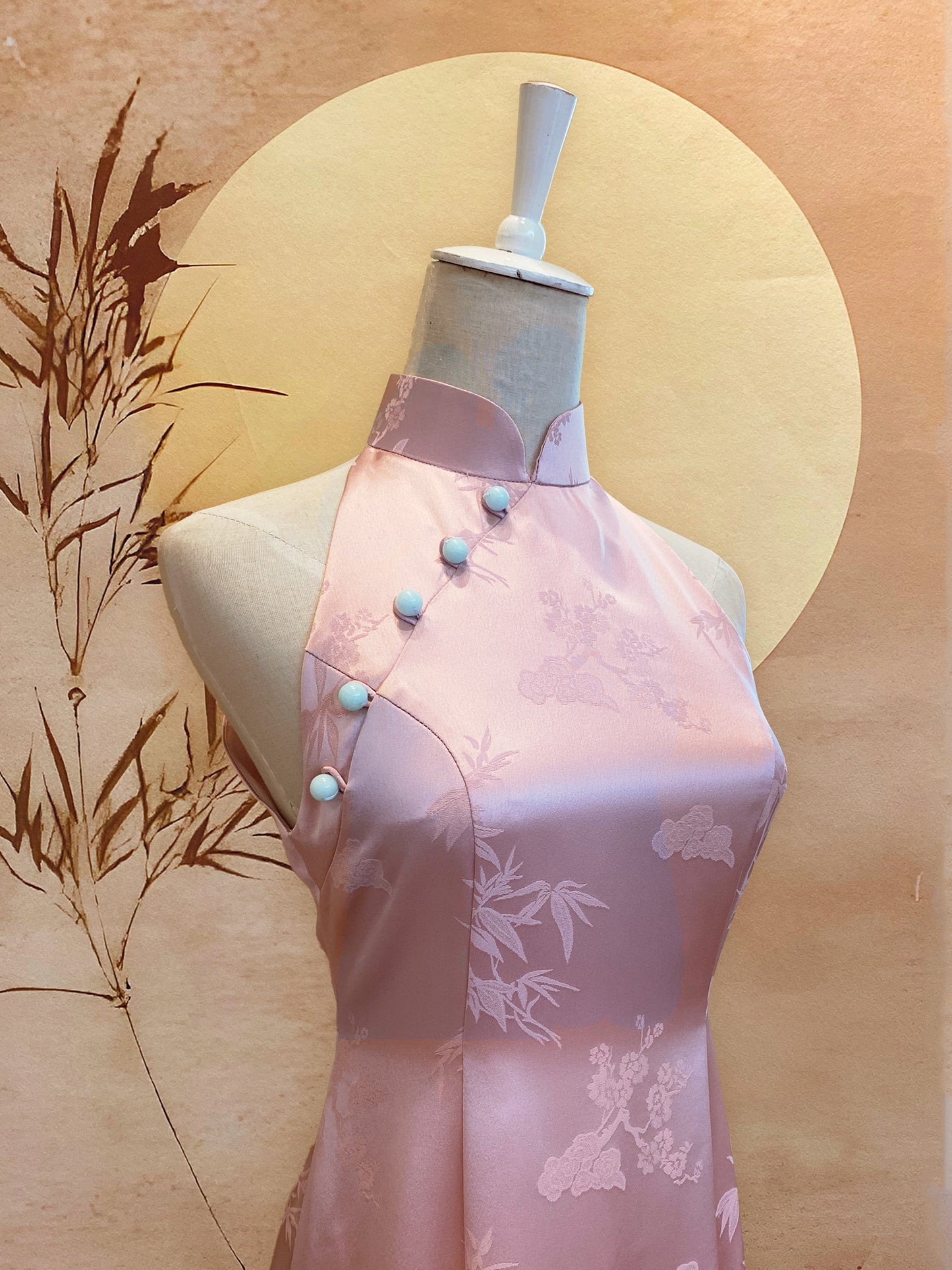 Light Pink Chinese Silk Cheongsam with Mint Jade Beads