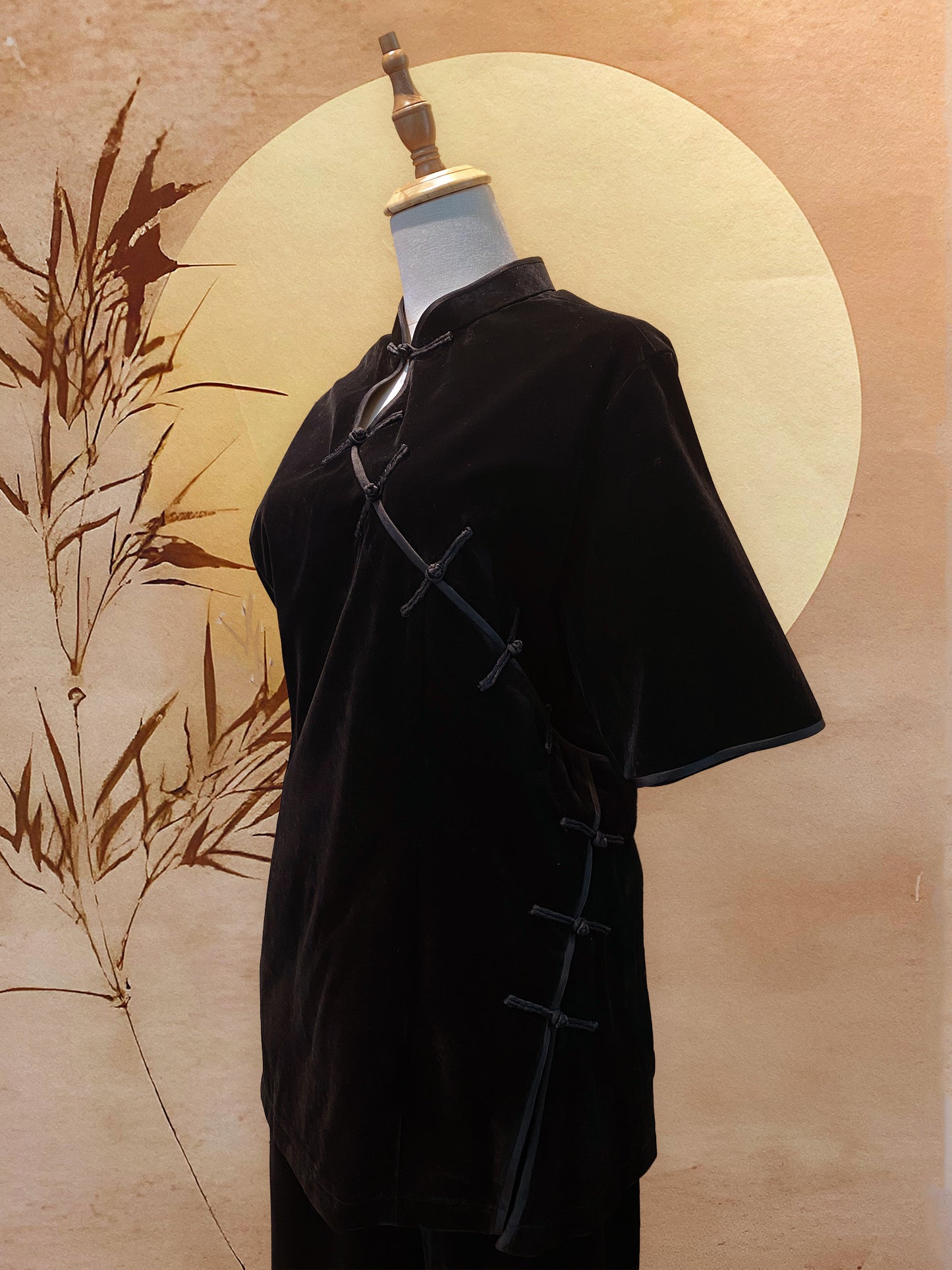 2pc Black Velvet Top with Front Peephole and Chinese Knots, and Pants