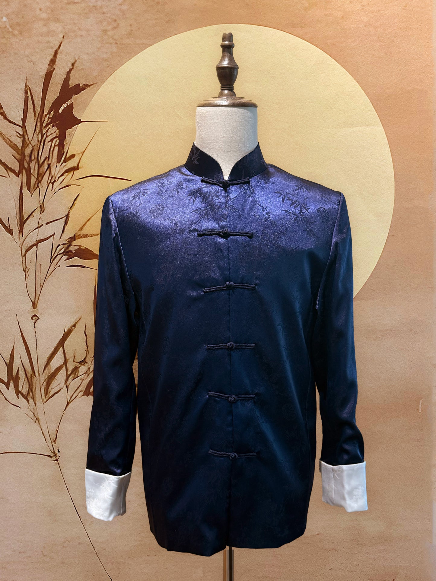 Navy Blue Chinese Silk Tang Shirt with Frog Knots and White Reverse Cuff