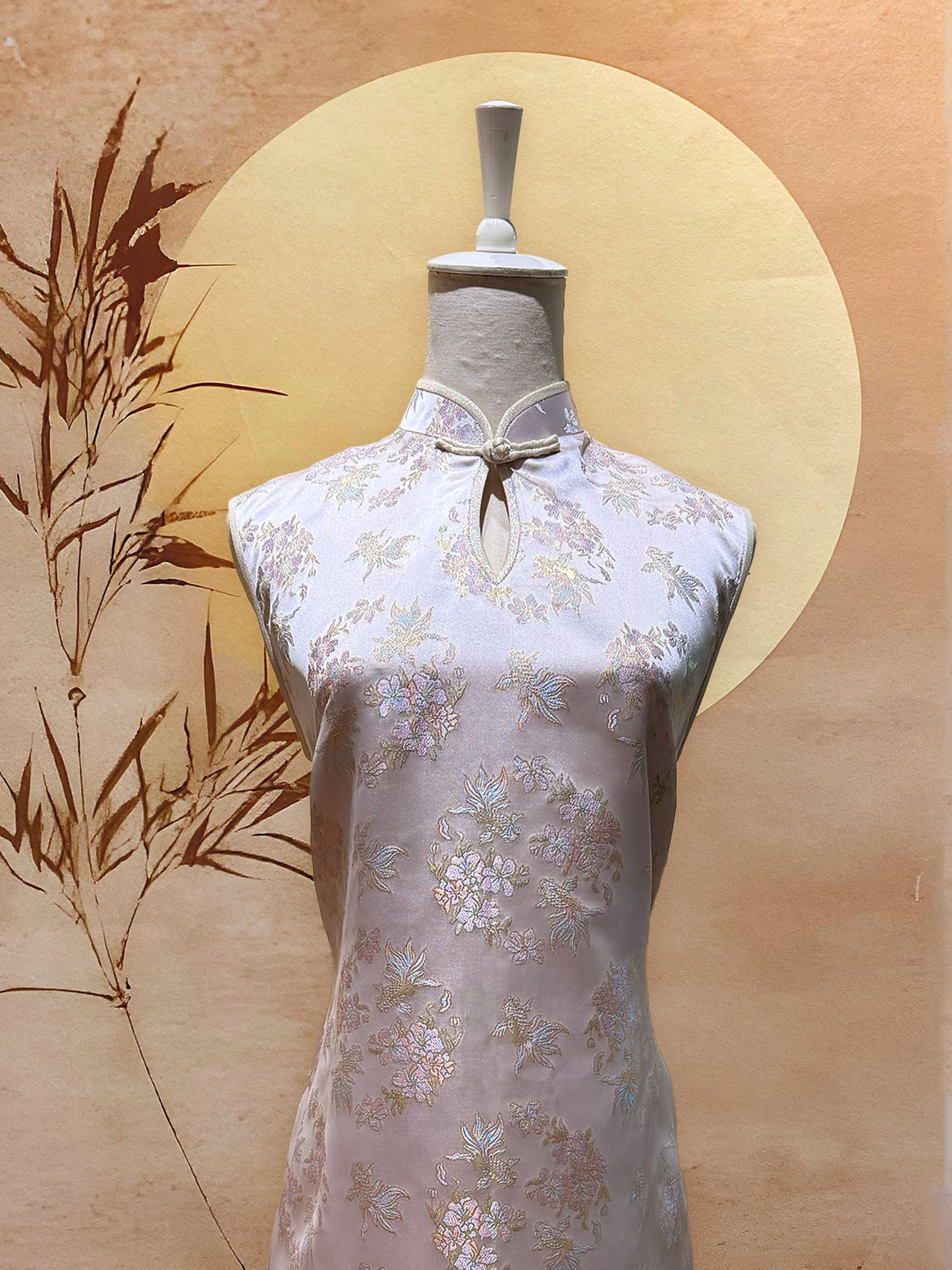 Couple Set: Light Blue Chinese Silk Tang Shirt with Pink Jacquard Cuffs, Trimming and Full Frog Buttons and Pink Jacquard Cheongsam with Gold Trimming