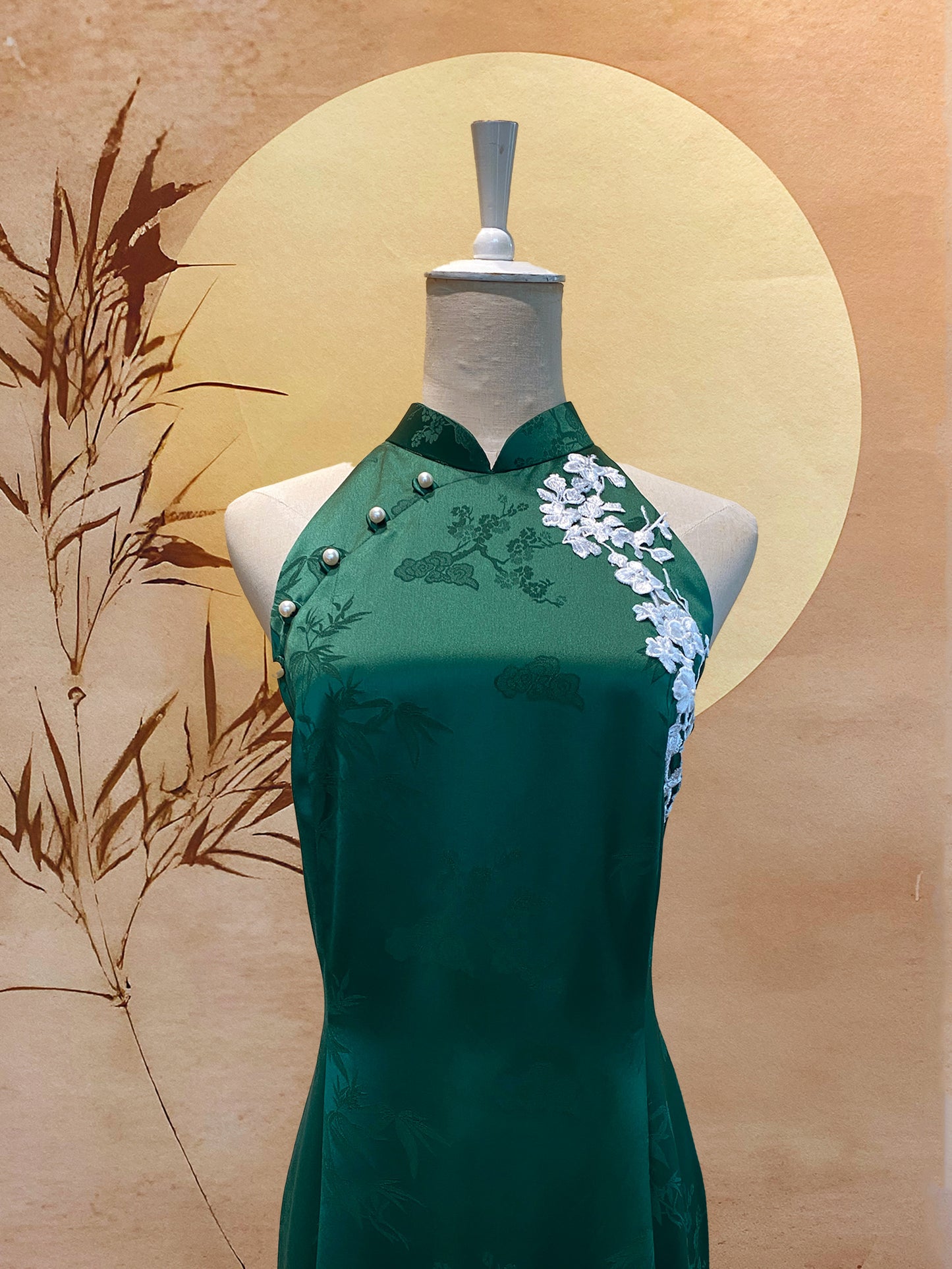 Dark Green Chinese Silk Cheongsam with White Floral Appliqué