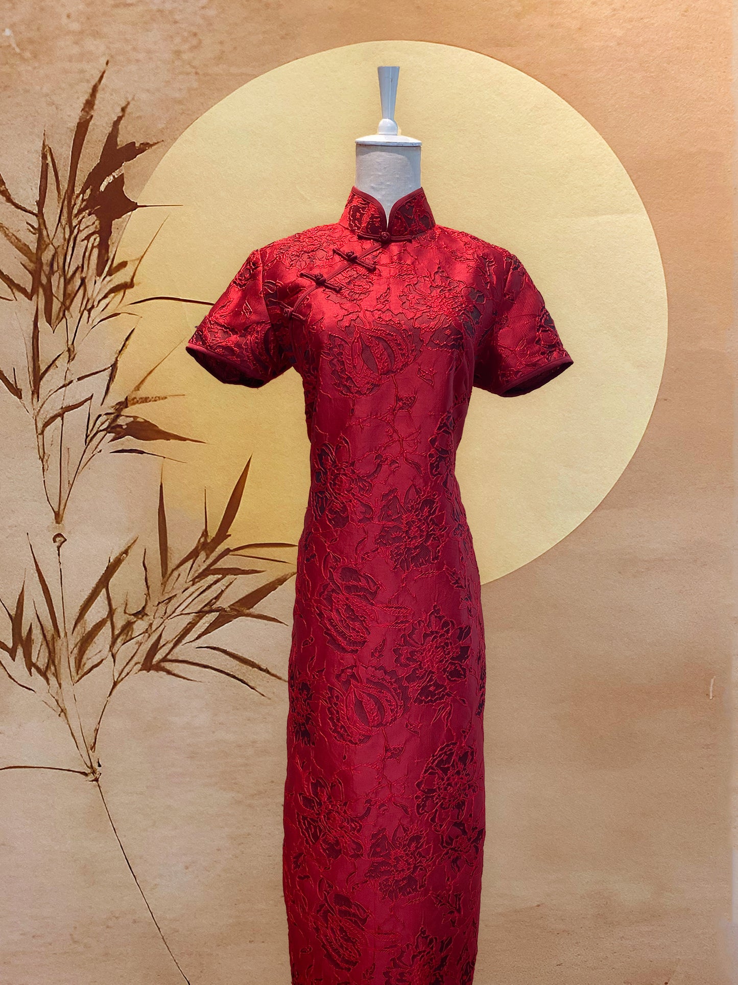 Red Floral Jacquard Cheongsam with Frog Knots
