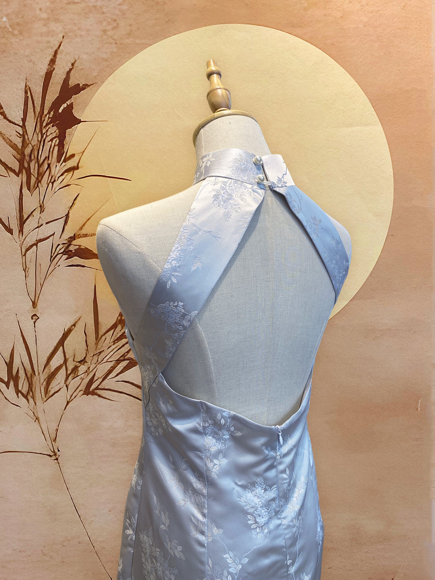 Silver Chinese Jacquard Cheongsam with Diamond Back Cut-Out