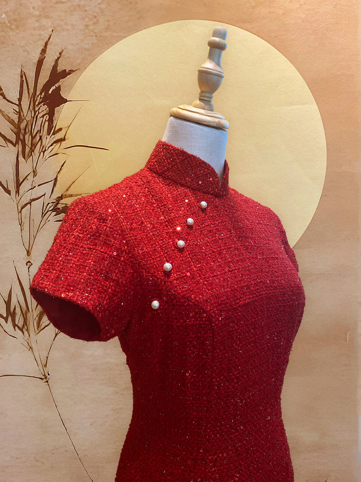 Red Sequin Tweed Cheongsam