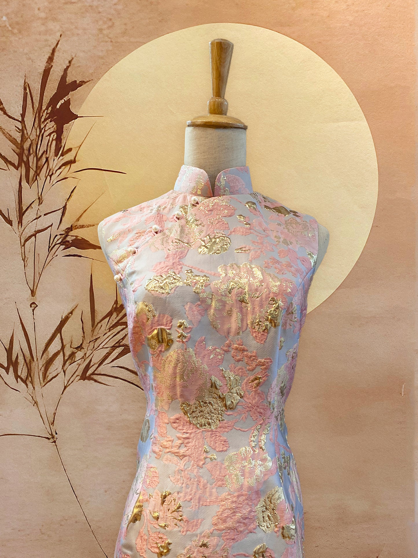 Pink and Blue Floral Jacquard Cheongsam