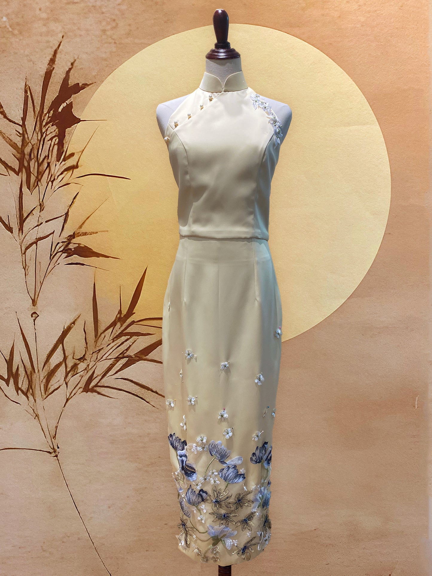 2pc Yellow Duchess Satin Cheongsam with Blue Appliqué